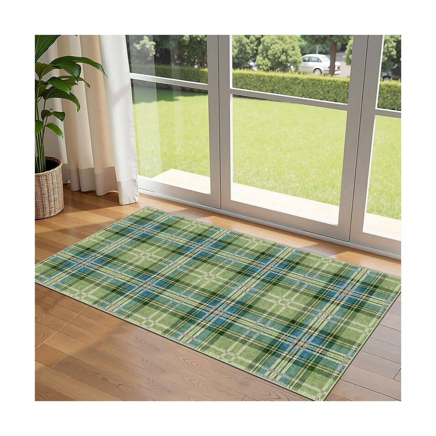 Front Door Mat Indoor Entrance - 2x4.3 Green Teal Tartan Plaid Rug