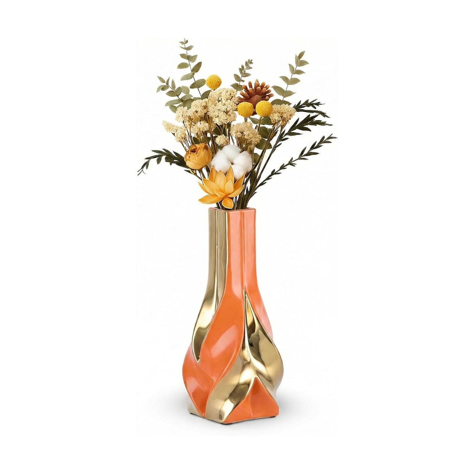 10.6" Orange and Gold Ceramic Vase / Orange Gold