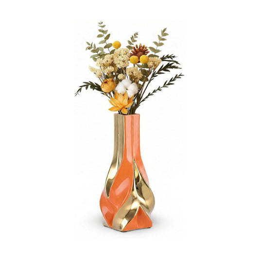 10.6" Orange and Gold Ceramic Vase / Orange Gold