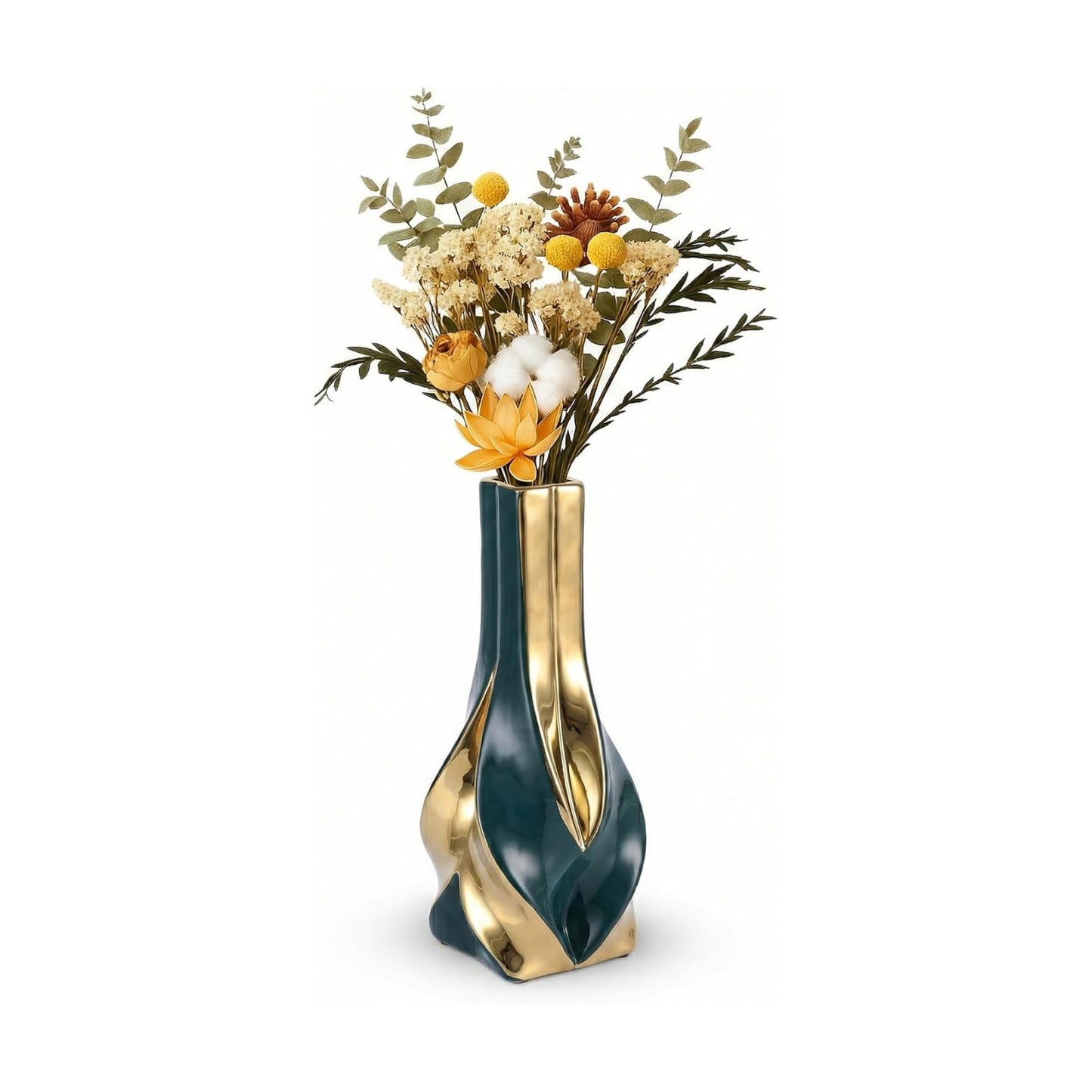 10.6" Green and Gold Ceramic Vase / Green Gold