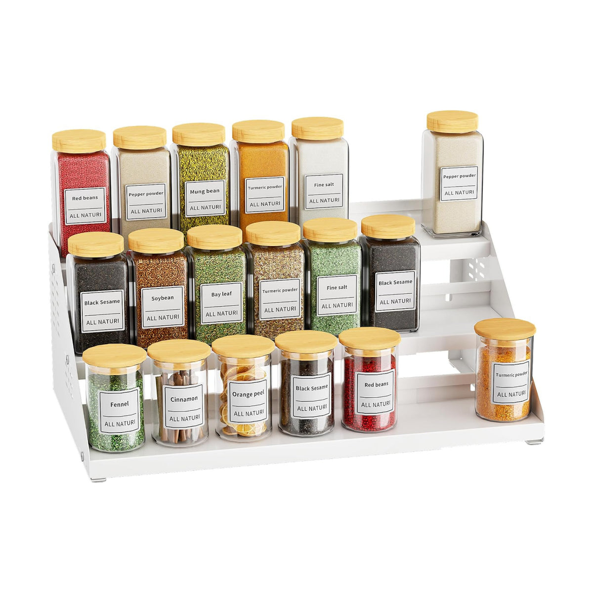 BOIVSHI 3 Tier Expandable Spice Organizer for Cabinet, White | Metal Shelves with Adjustable Height Spice Storage for