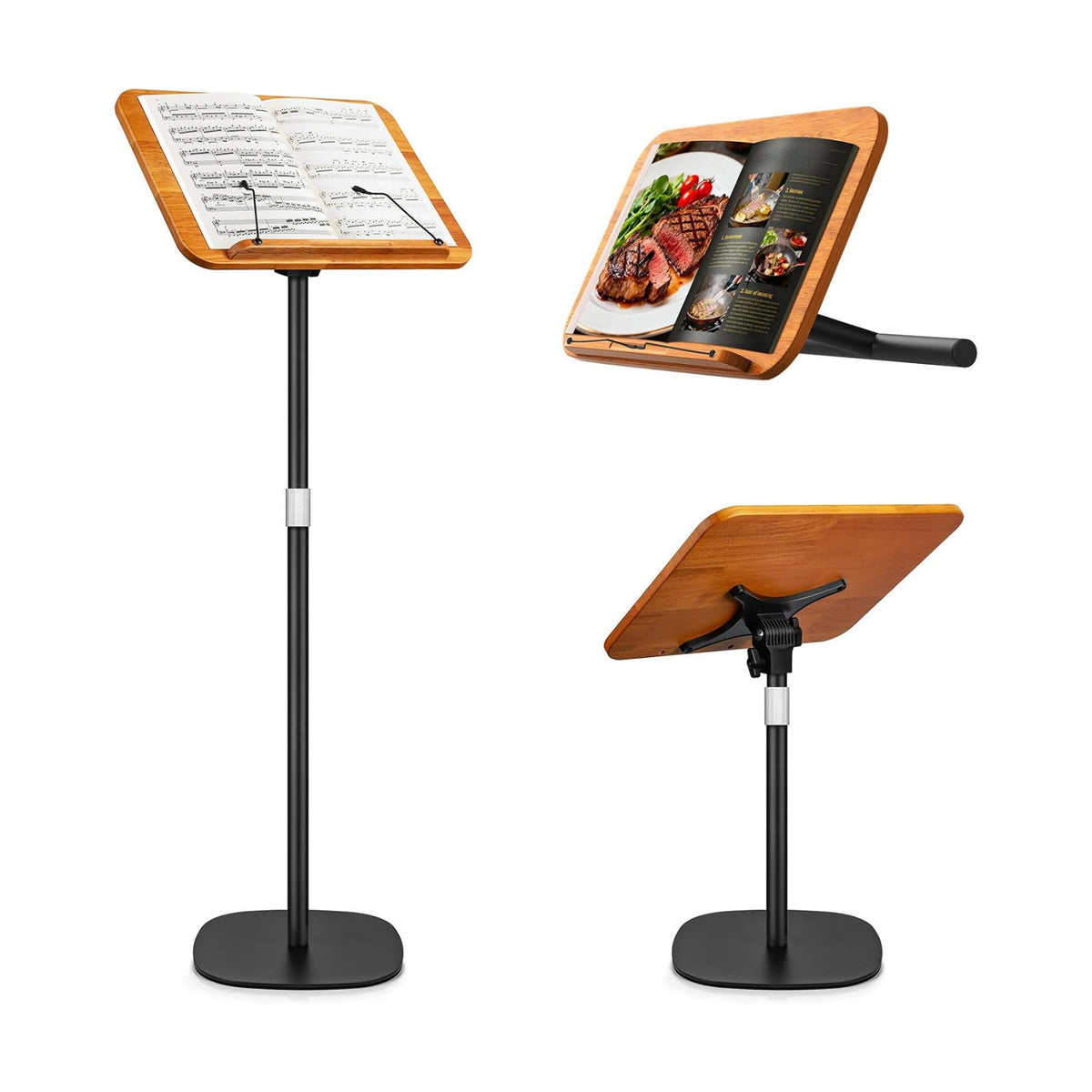 2 in 1 Dual-use Music Stand & Desktop Book Stand, Adjustable Height 16.5"-51", 100% Solid Wood Laptop Floor Stand Book