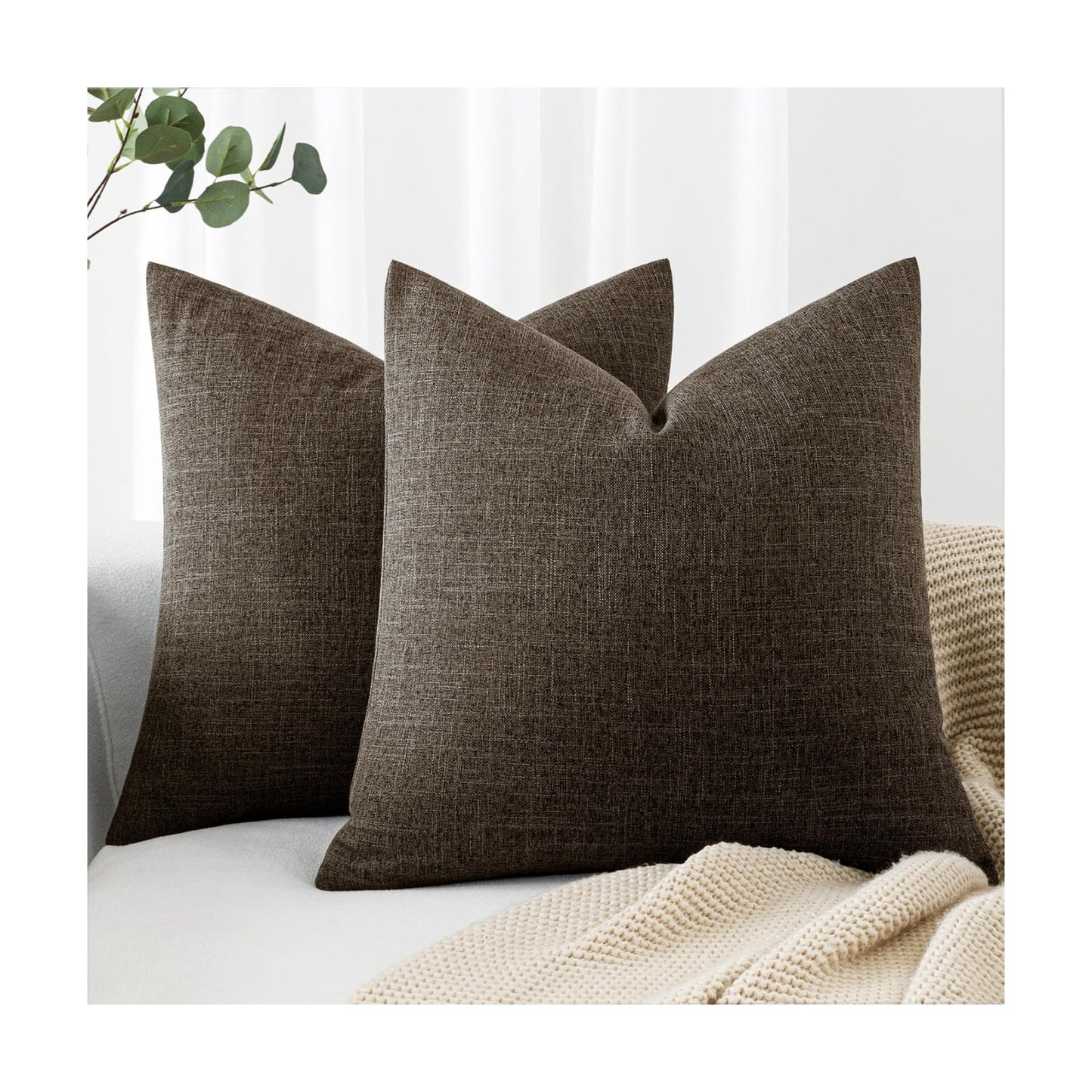 Decorative Linen Burlap Pillow Covers Farmhouse Boho Accent / 18 x 18 / Dark Brown / Set of 2