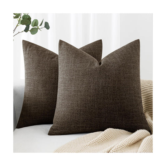 Decorative Linen Burlap Pillow Covers Farmhouse Boho Accent / 18 x 18 / Dark Brown / Set of 2