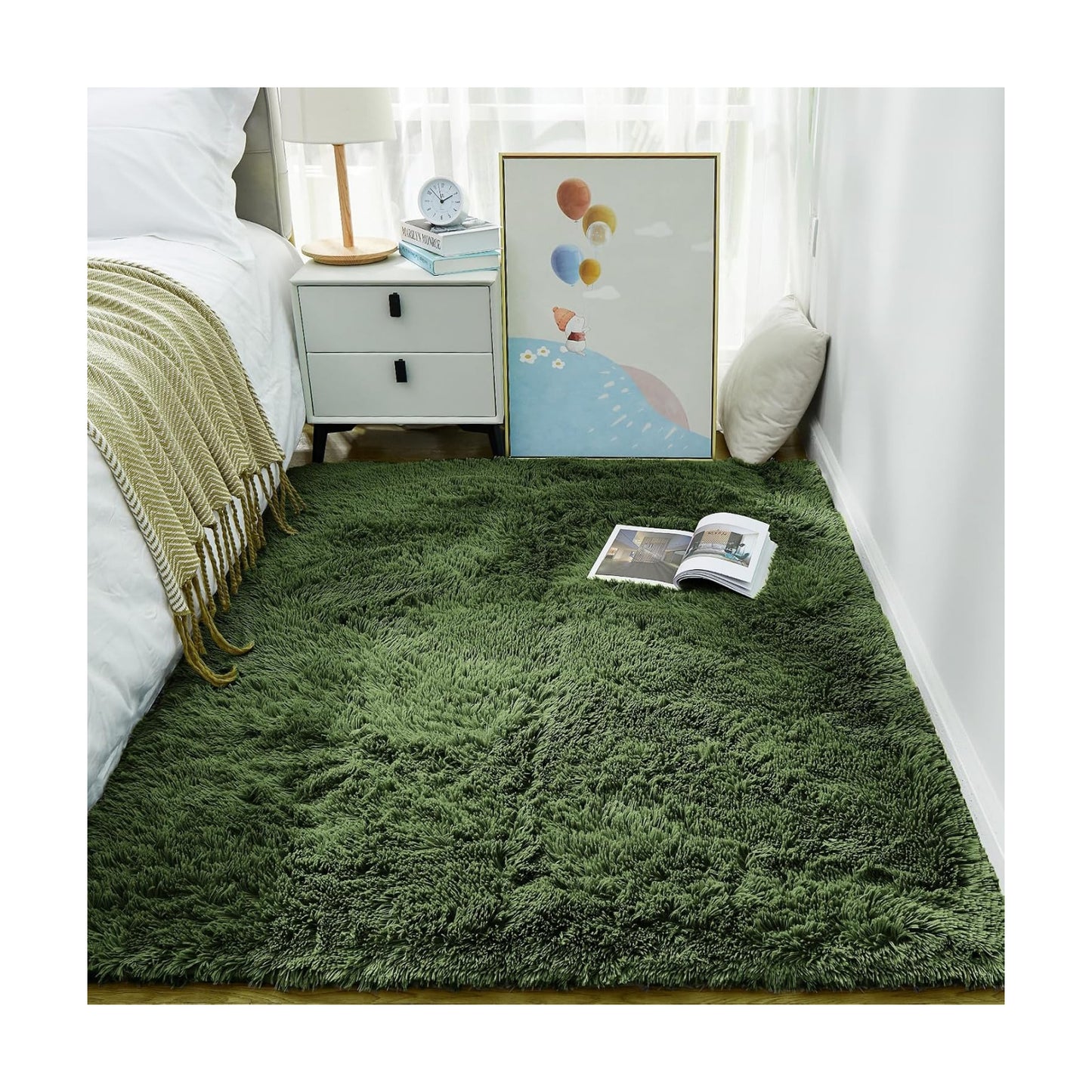 Ophanie Gray Green Grass Area Rugs for Bedroom, 3x5 Shag Fluffy Carpet, Fuzzy Furry Plush Soft Cute Kids Baby Shaggy