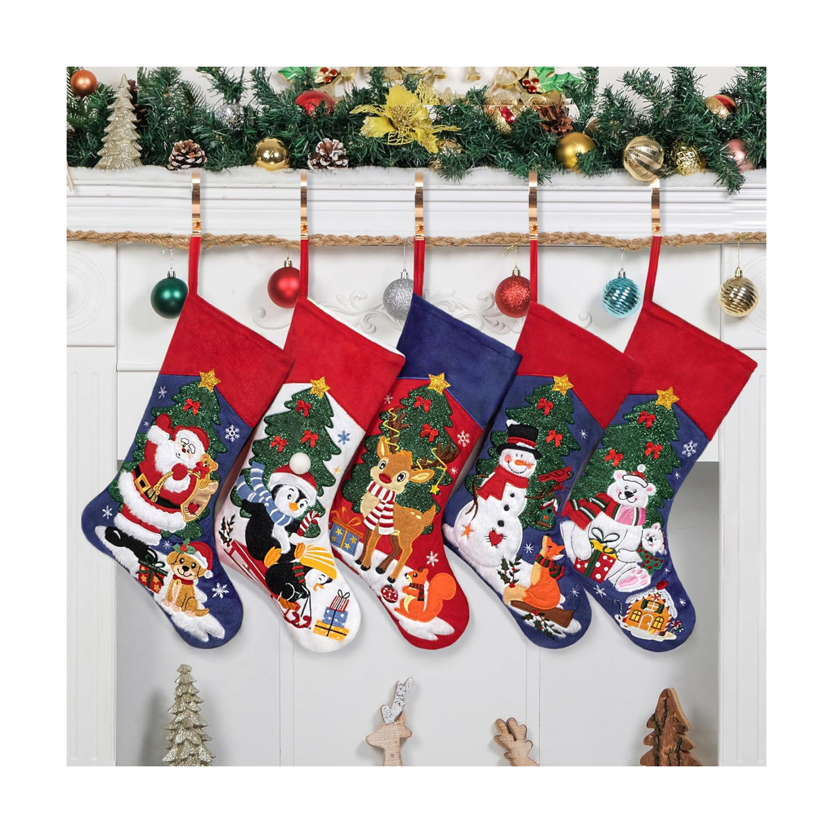 LUBOT Set of 5 Christmas Stockings Embroidered 20" Velvet Large Family Xmas Tree Stocking 5 Pack Shining Cute Cartoon Soft Luxury Stocking Fireplace Hanging Decor