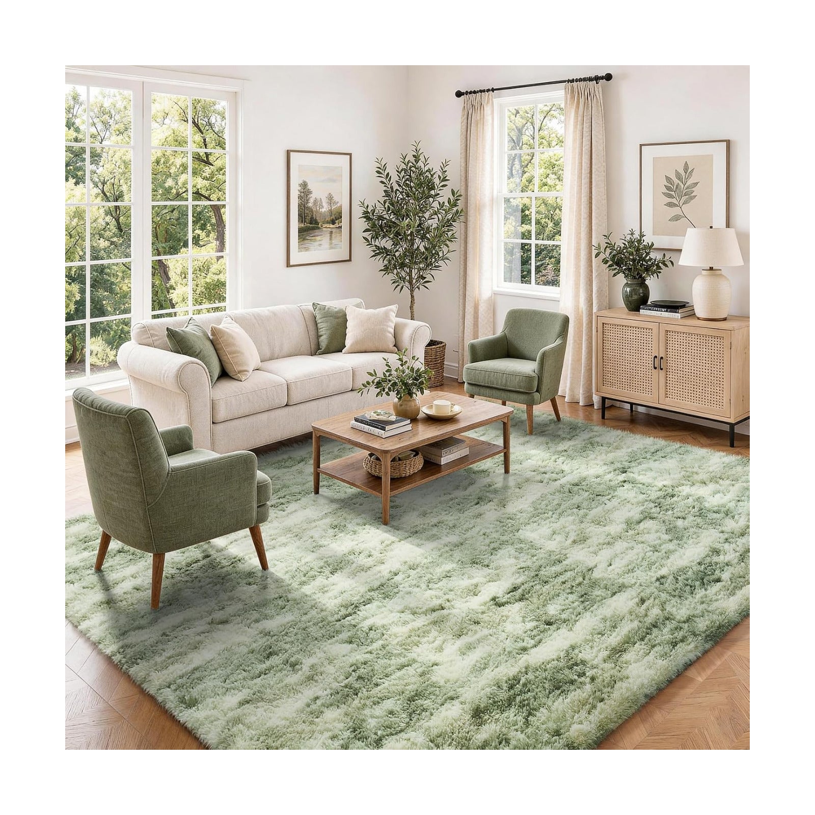 Ophanie Green and White Area Rugs for Living Room 5x7,Sage Green Fluffy Shag Large Fuzzy Plush Soft Carpets,Floor