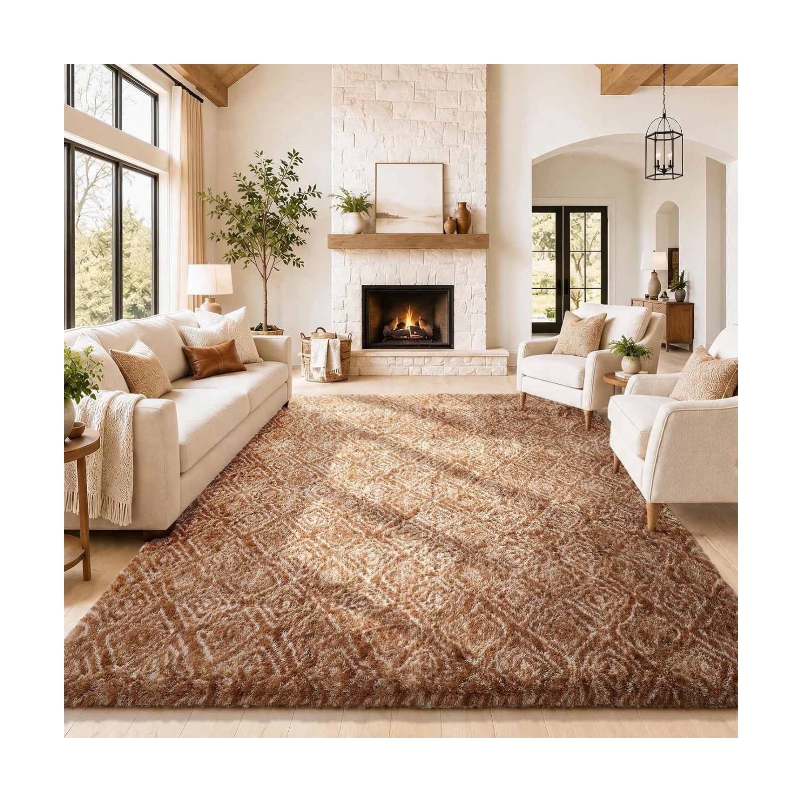 Ophanie 8x10 Brown and White Diamond Striped Rugs for Living Room,Large Fluffy Shag Fuzzy Plush Soft Carpets,Shaggy Rug