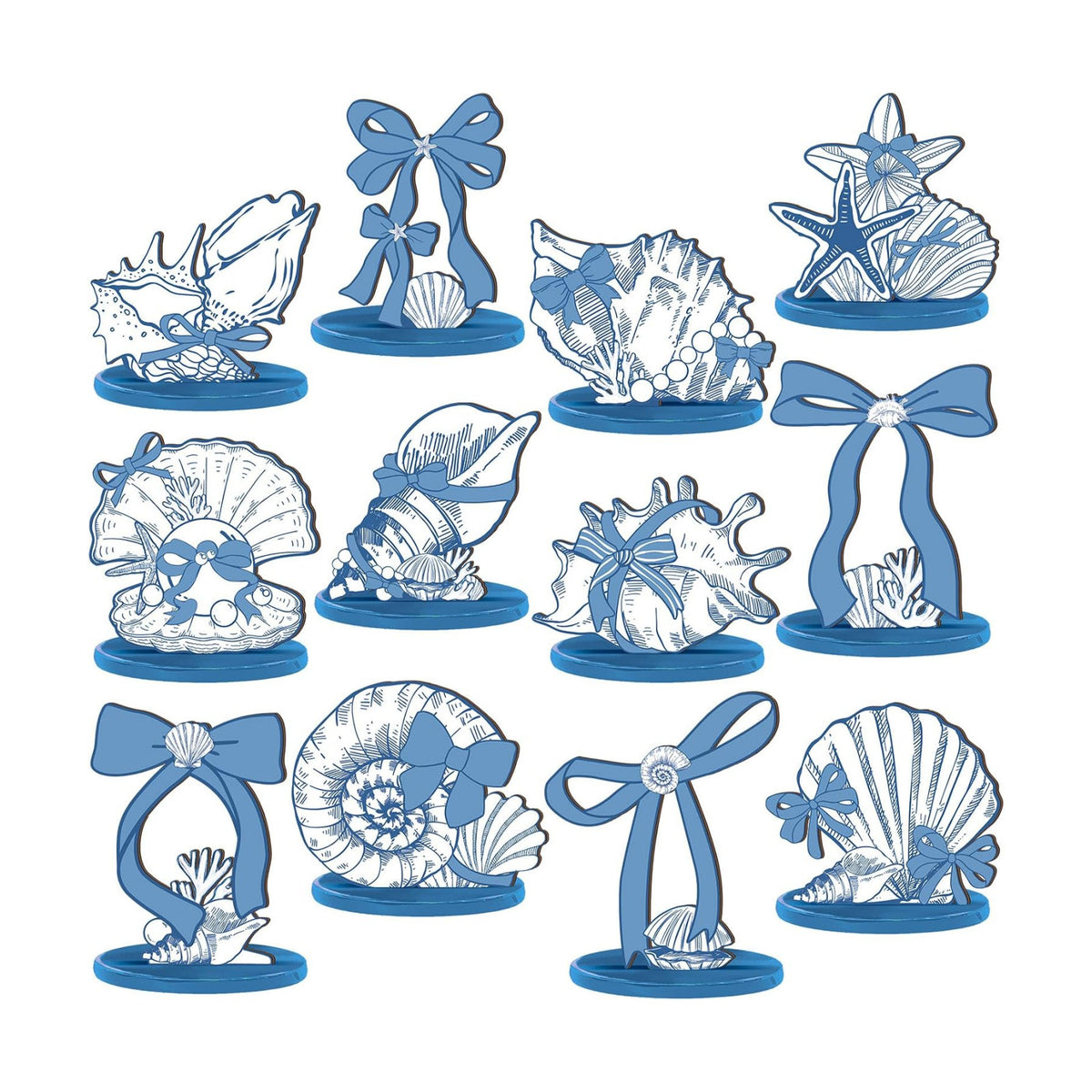 Wesiti 12 Pcs Blue Bow & Seashells Wooden Table Decor - Summer Party Decorations Ocean Coastal Centerpieces for Nautical Beach Birthday Party, Tiered Tray & Bachelorette Wedding Shower