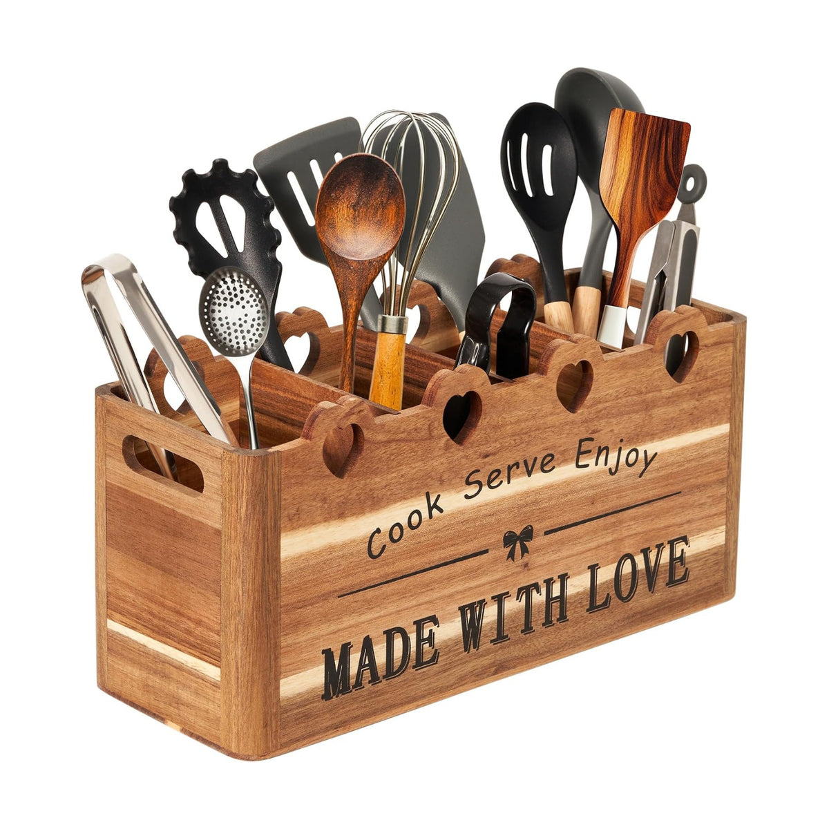 Kitchen Utensil Holder, Large Acacia Wood Organizer for Countertop | Extra Large Farmhouse Style with 4 Compartments
