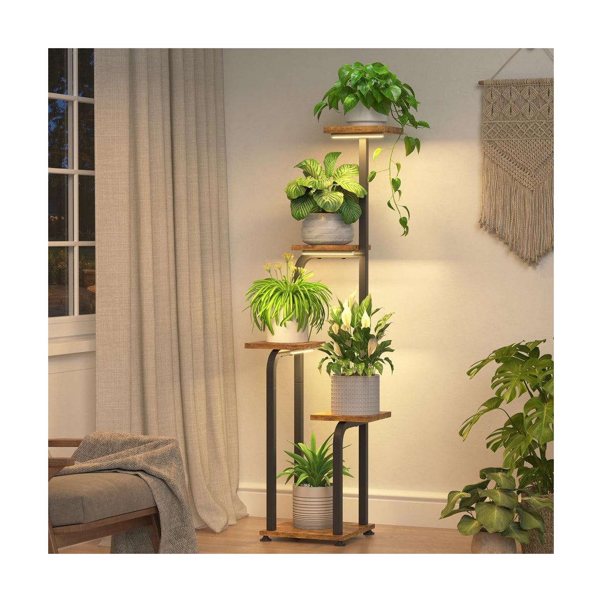 iDavosic.ly Tall Plant Stand Indoor with Grow Lights & Wooden Trays, Brown | 4 Tier Multiple Flower Holder Shelf, Space