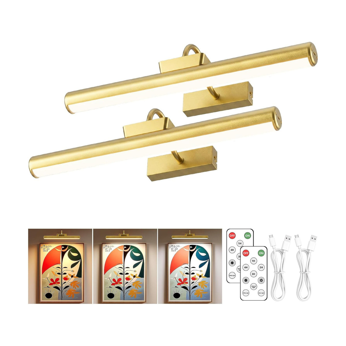 16" Wireless Picture Lights for Wall, Rechargeable Art Light, 2Pack Gold | Aluminum Photo Frame Light, Remote & Touch