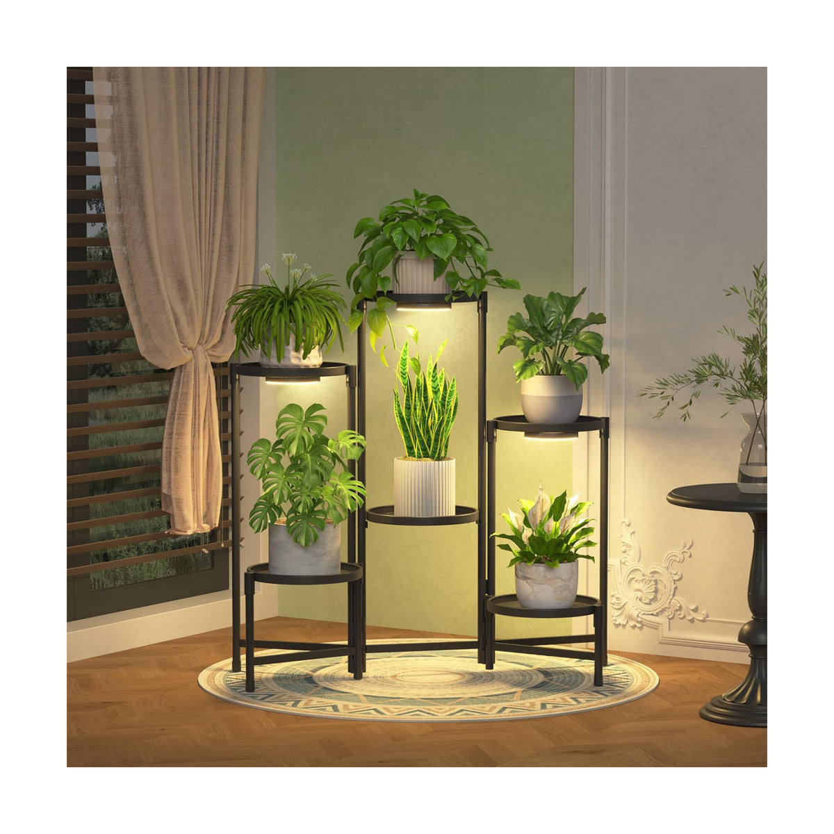 iDavosic.ly 6 Tier Large Plant Stand with Grow Light, 10 Inch Tray, Black | Tiered Metal Corner Heavy Duty Multiple