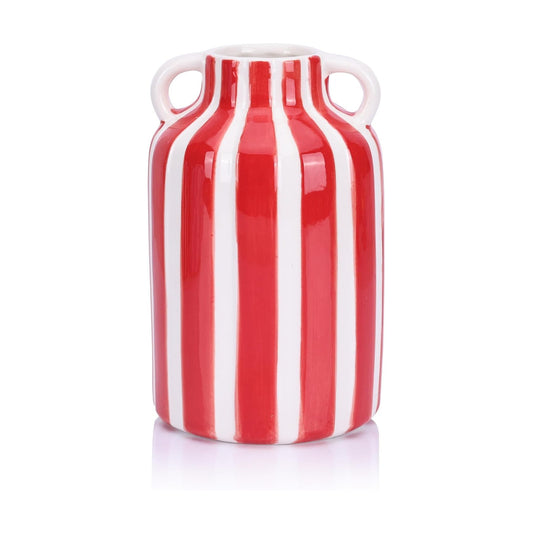Ceramic Striped Checkered Vase / Red White
