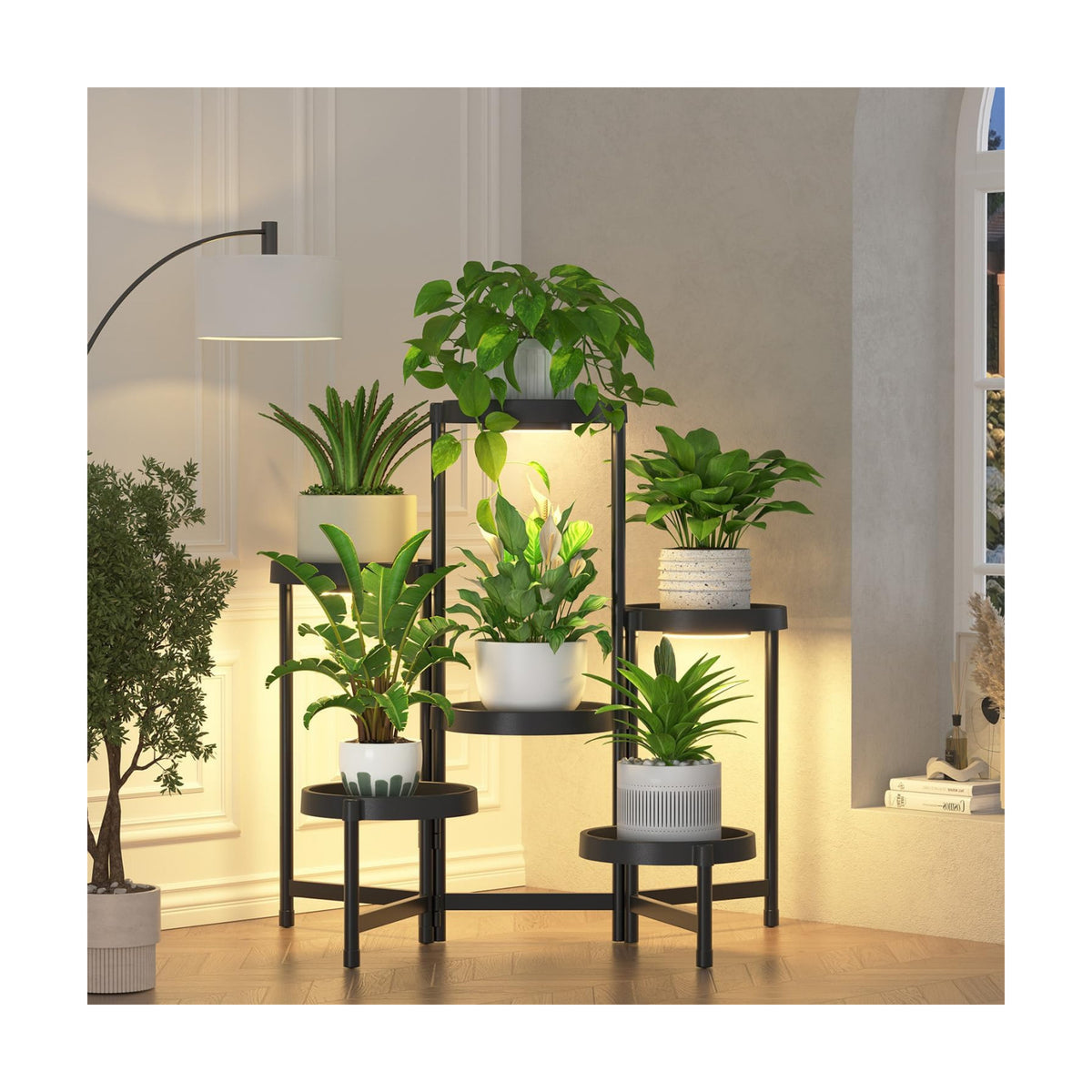 iDavosic.ly 6 Tier Folding Plastic Plant Stand Indoor, Grow Light, Black | Space Saving Tiered Corner Storage Display