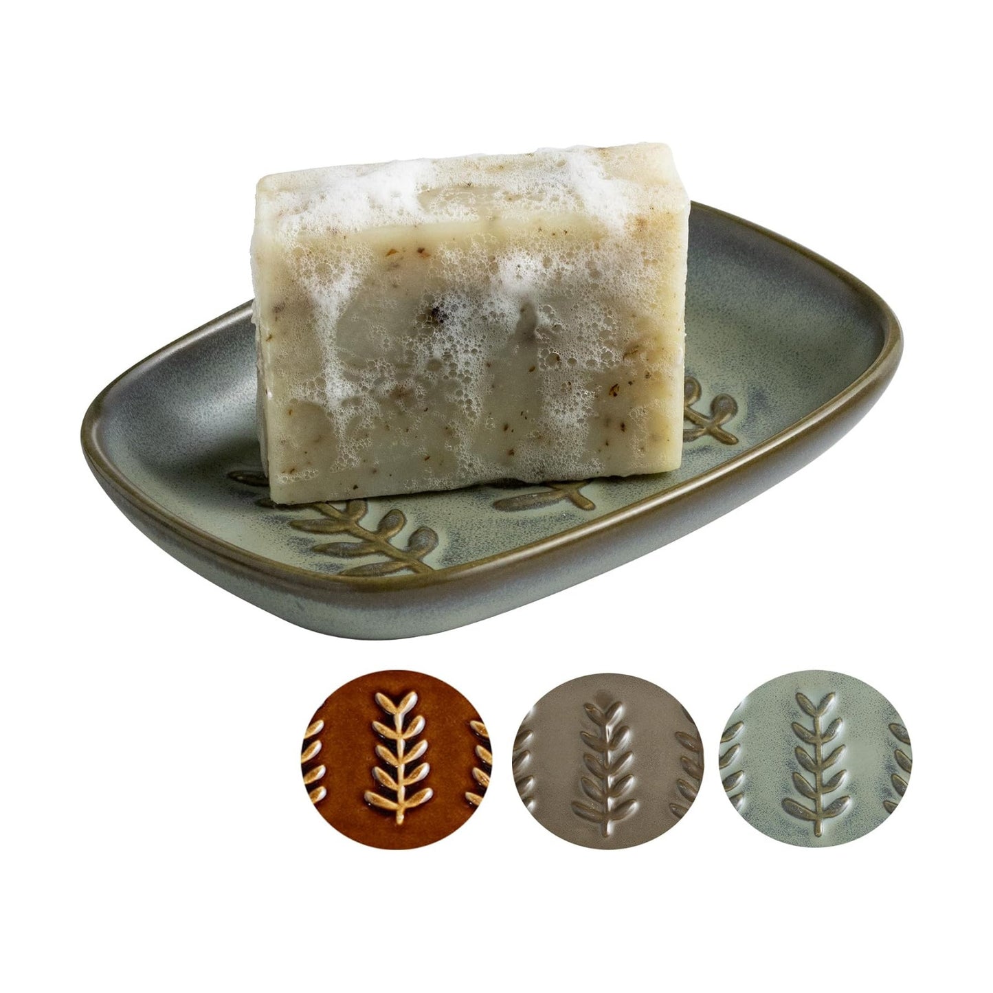 Ceramic Soap Dish Bar Soap Holder for Shower / Dark Green / Leaf Design