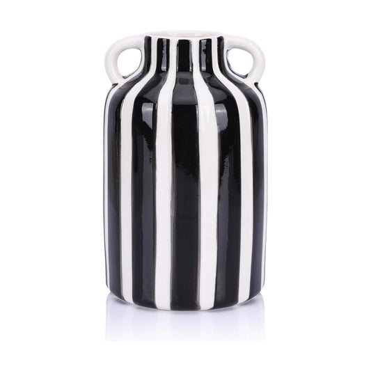 Ceramic Striped Checkered Vase / Black White