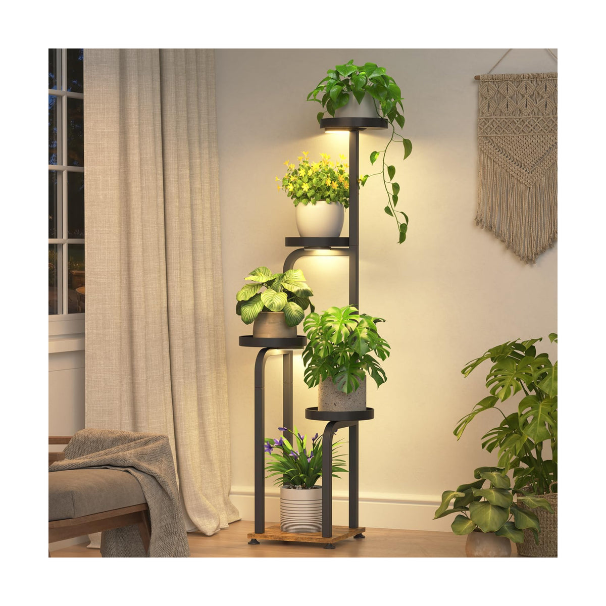 iDavosic.ly Tall Plant Stand Indoor with Grow Lights & Metal Trays, Brown | 4 Tier Corner Tiered Multiple Flower Holder