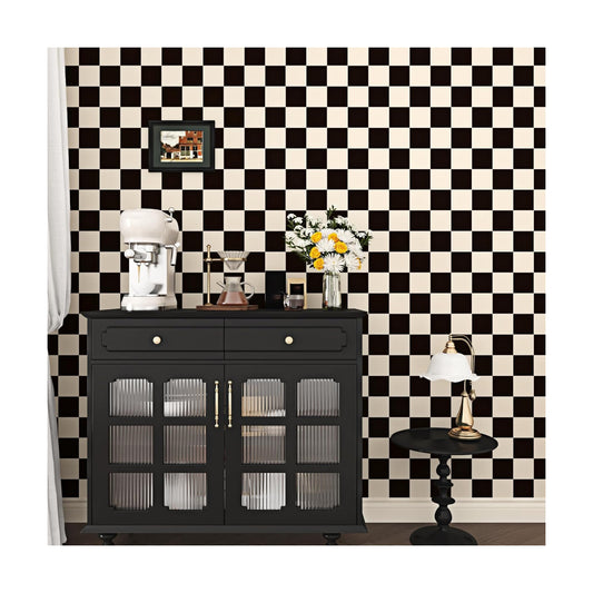 Vintage Black and Beige Checkered Wallpaper Peel and Stick Checkered / Black Beige / 17.5 x 118