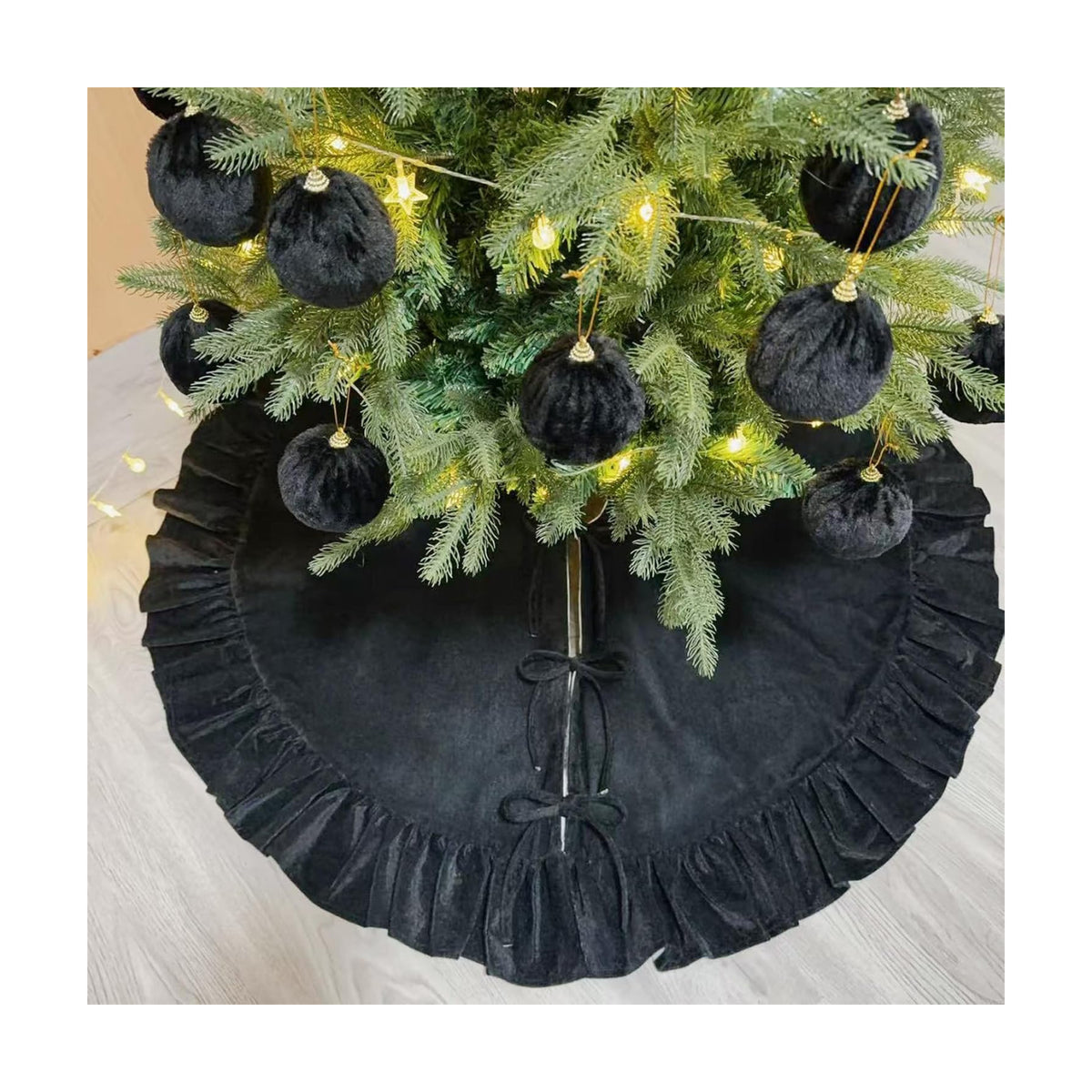 Velvet Christmas Tree Skirt Black 36 inch Ruffled Holiday Tree Skirt for Rustic Xmas Tree Decoration
