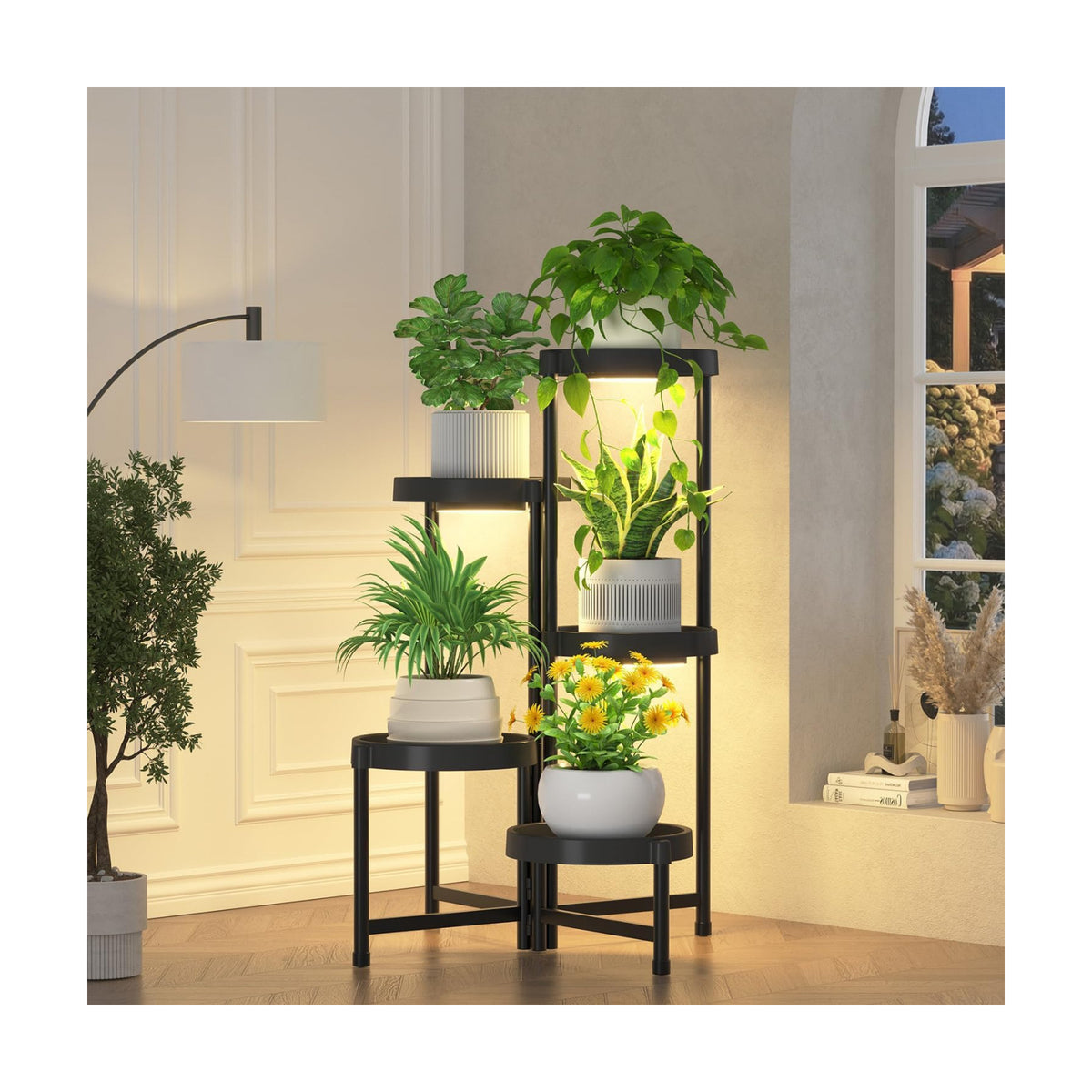 iDavosic.ly 5 Tier Folding Plastic Plant Stand Indoor, Grow Light, Black | Space Saving Tiered Corner Storage Display
