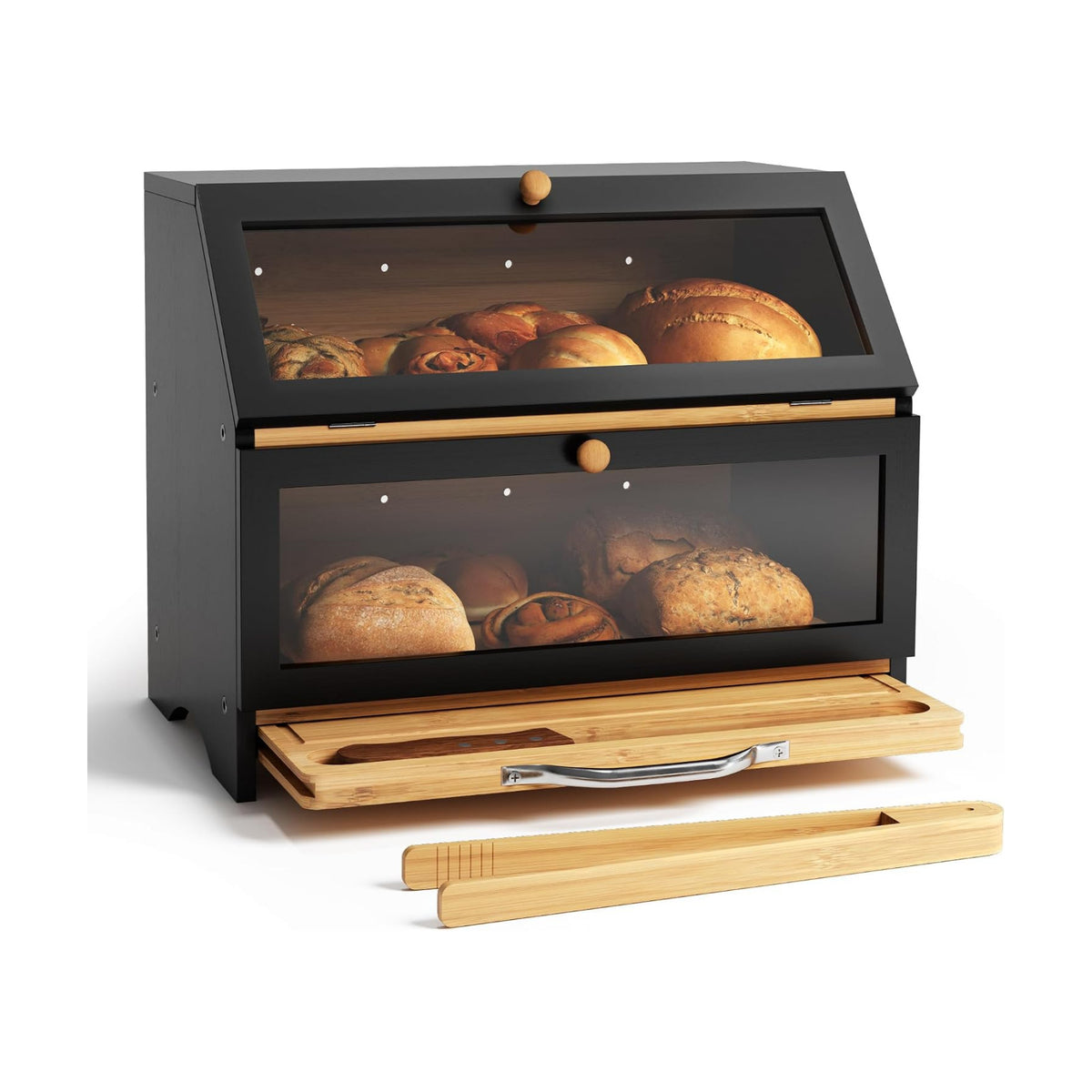 MAISONPEX Double Layer Bamboo Bread Box for Kitchen Countertop, Large Capacity, Cutting Board, Stainless Steel Bread