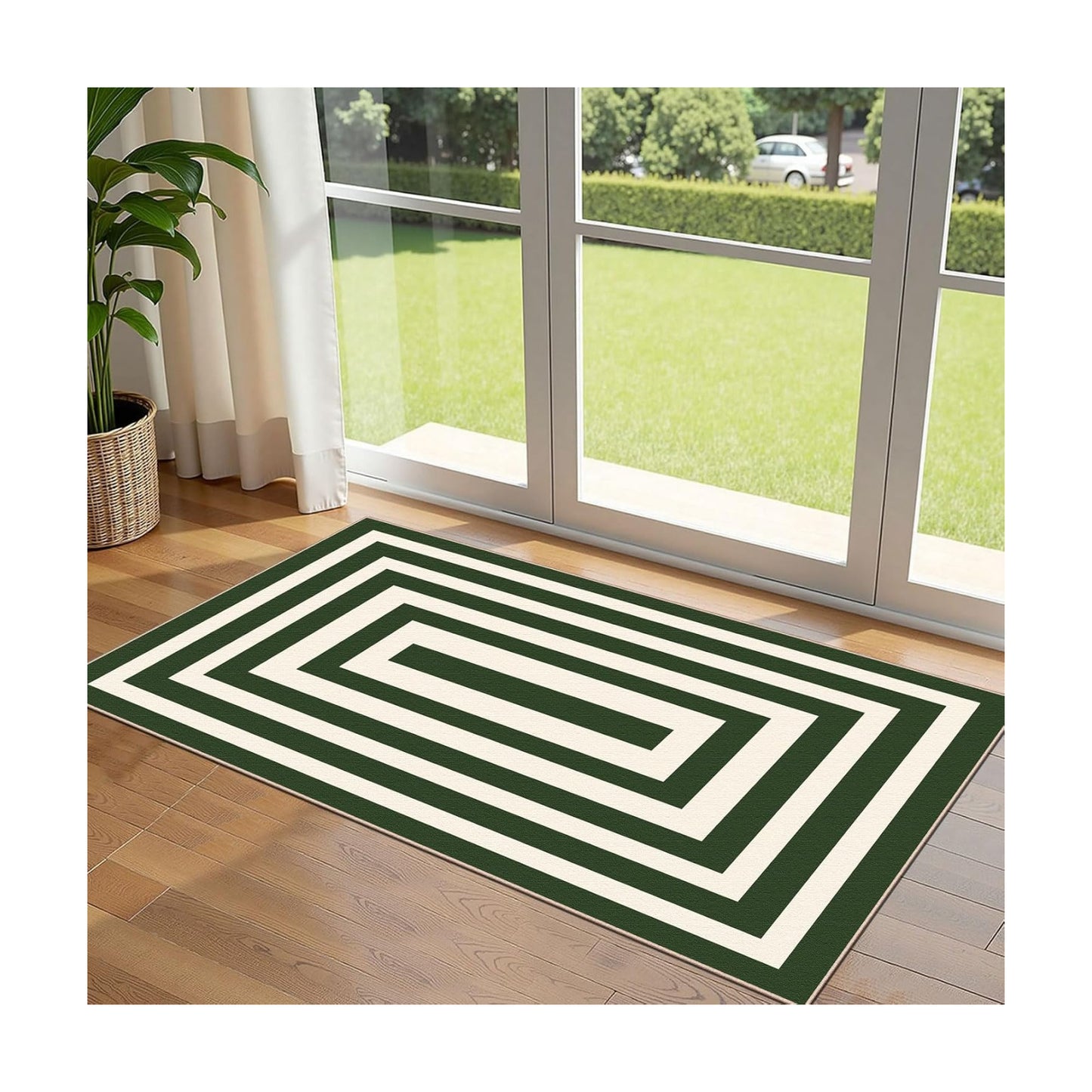 Front Door Mat Indoor Entrance 2x4.3 Modern Green White Striped Rug