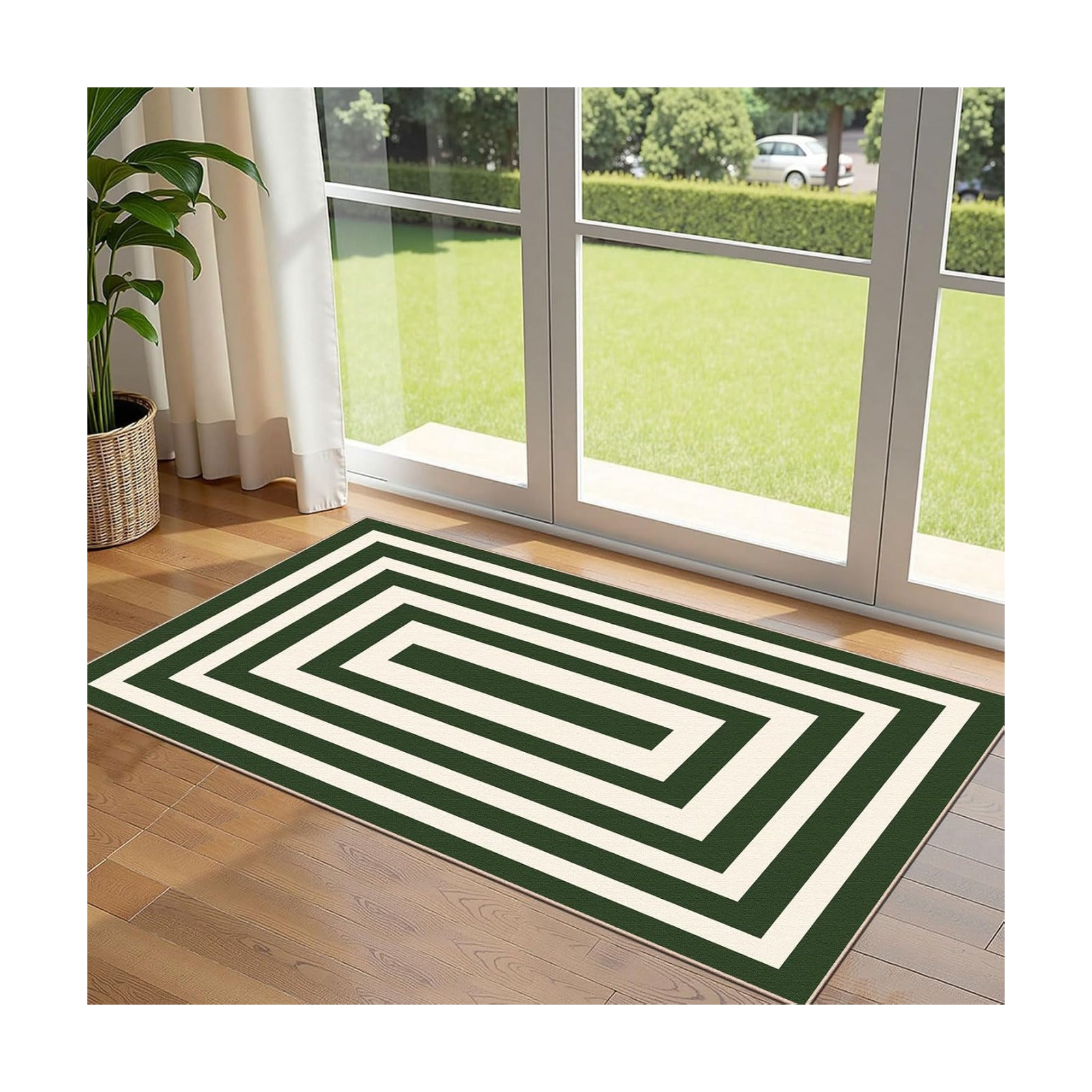 Front Door Mat Indoor Entrance 2x4.3 Modern Green White Striped Rug