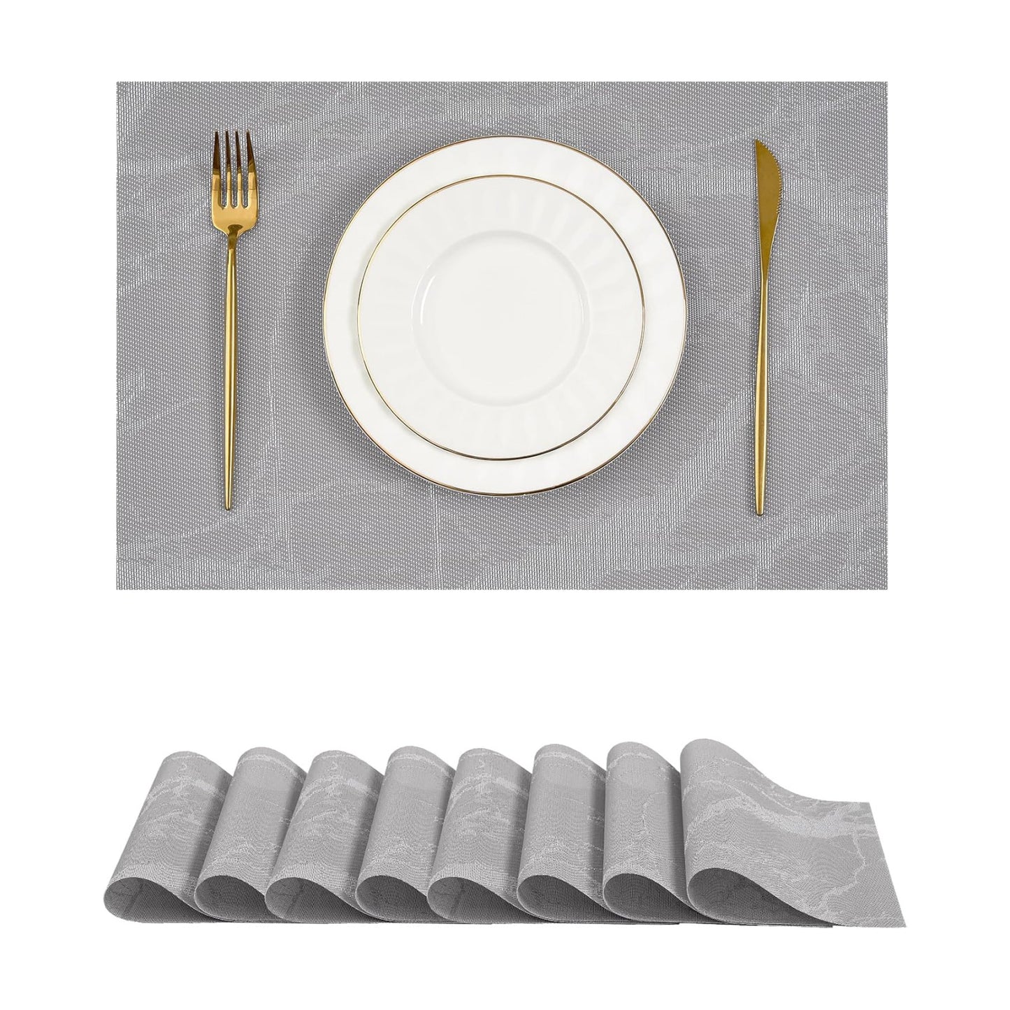 Leetaltree Woven Vinyl Placemats Set of 8,Gray Marble | High Density，Stain Resistant, Easy to Clean, Washable Table