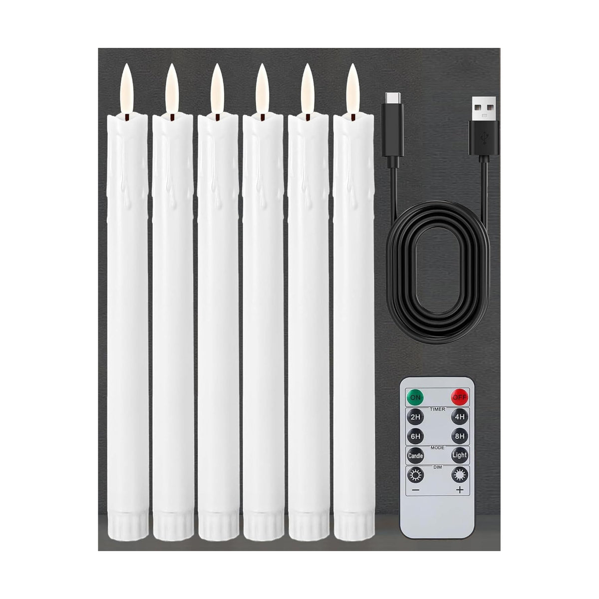 Gmnee 9.6" Taper Rechargeable Candles with Remote and Timer, White | 6 Pack Flameless Taper Candles, LED CandleSticks