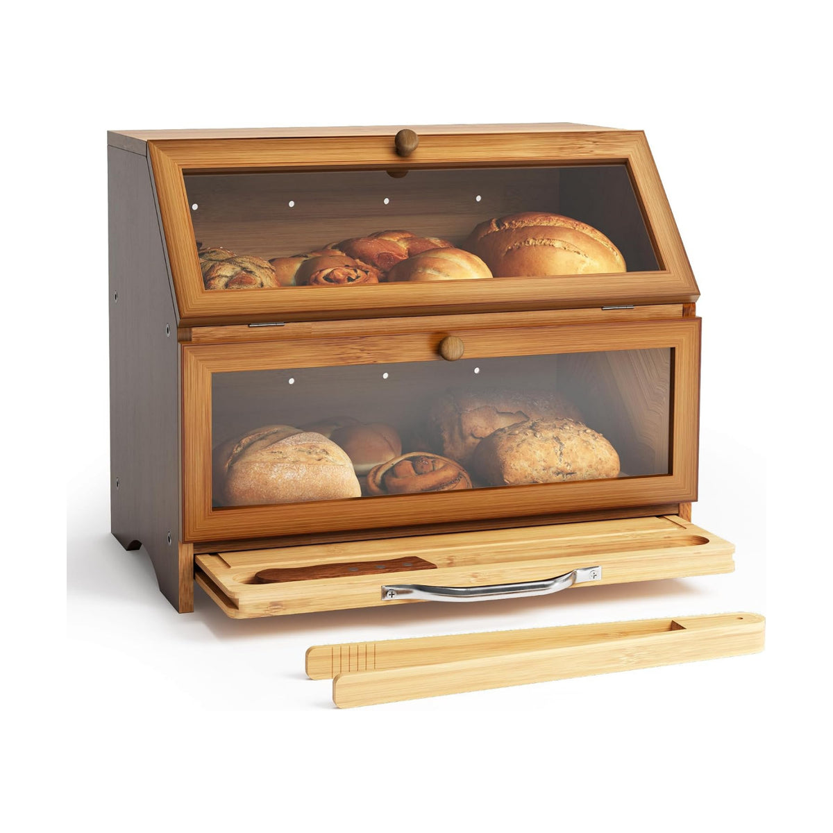 MAISONPEX Double Layer Bamboo Bread Box for Kitchen Countertop, Large Capacity, Cutting Board, Stainless Steel Bread