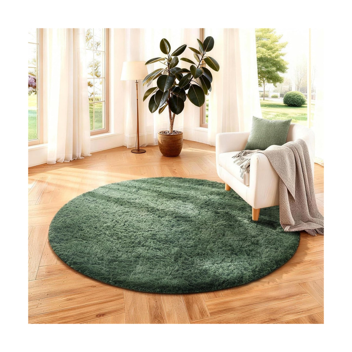 Ophanie Round Rug 4Ft Grey Green Circle Area Rug, Grayish Green Room Decor, Fluffy Fuzzy Bedroom Carpet, Plush Soft