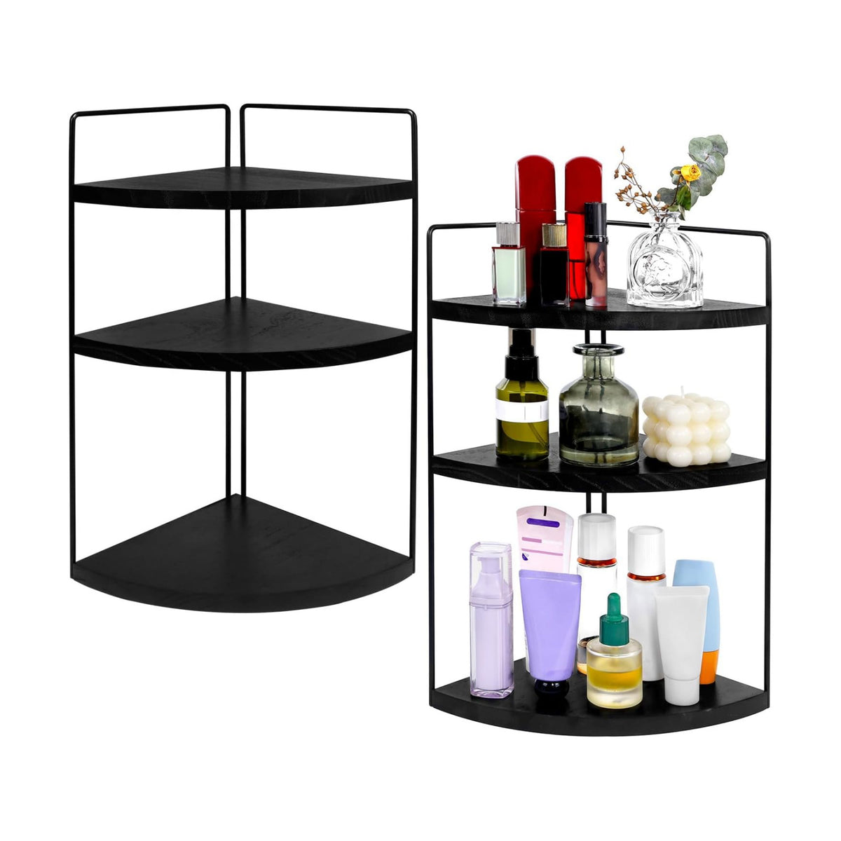 Corner Bathroom Counter Organizer Countertop Black, 2 Pack 3 Tier Corner Shelf Wood Vanity Tray Easy Assembly Space