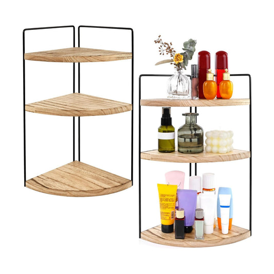 Corner Bathroom Counter Organizer Countertop Brown, 2 Pack 3 Tier Corner Shelf Wood Vanity Tray Easy Assembly Space