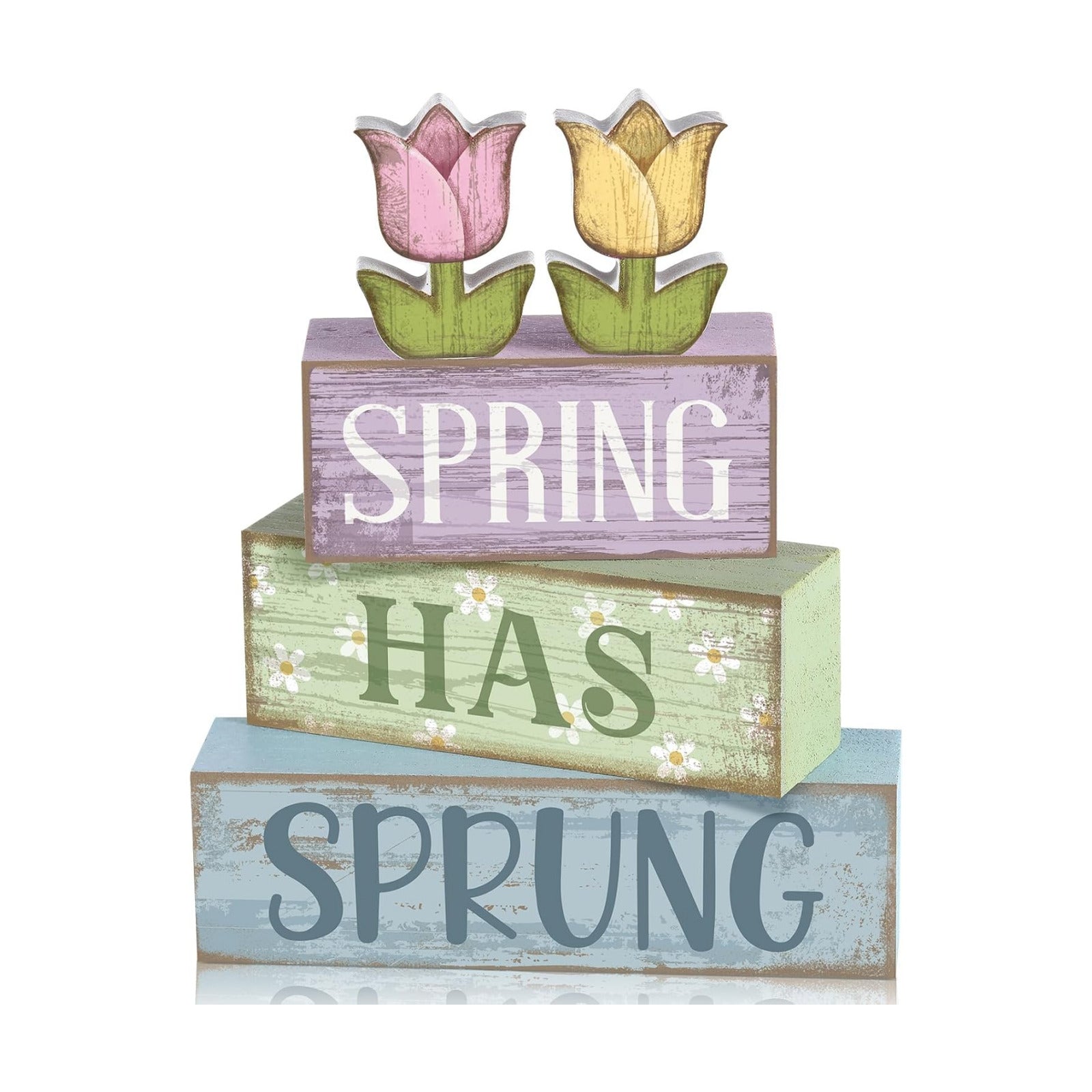 Moucuny 4 Pcs Spring Wooden Block Signs Farmhouse Tray Decor Tulips