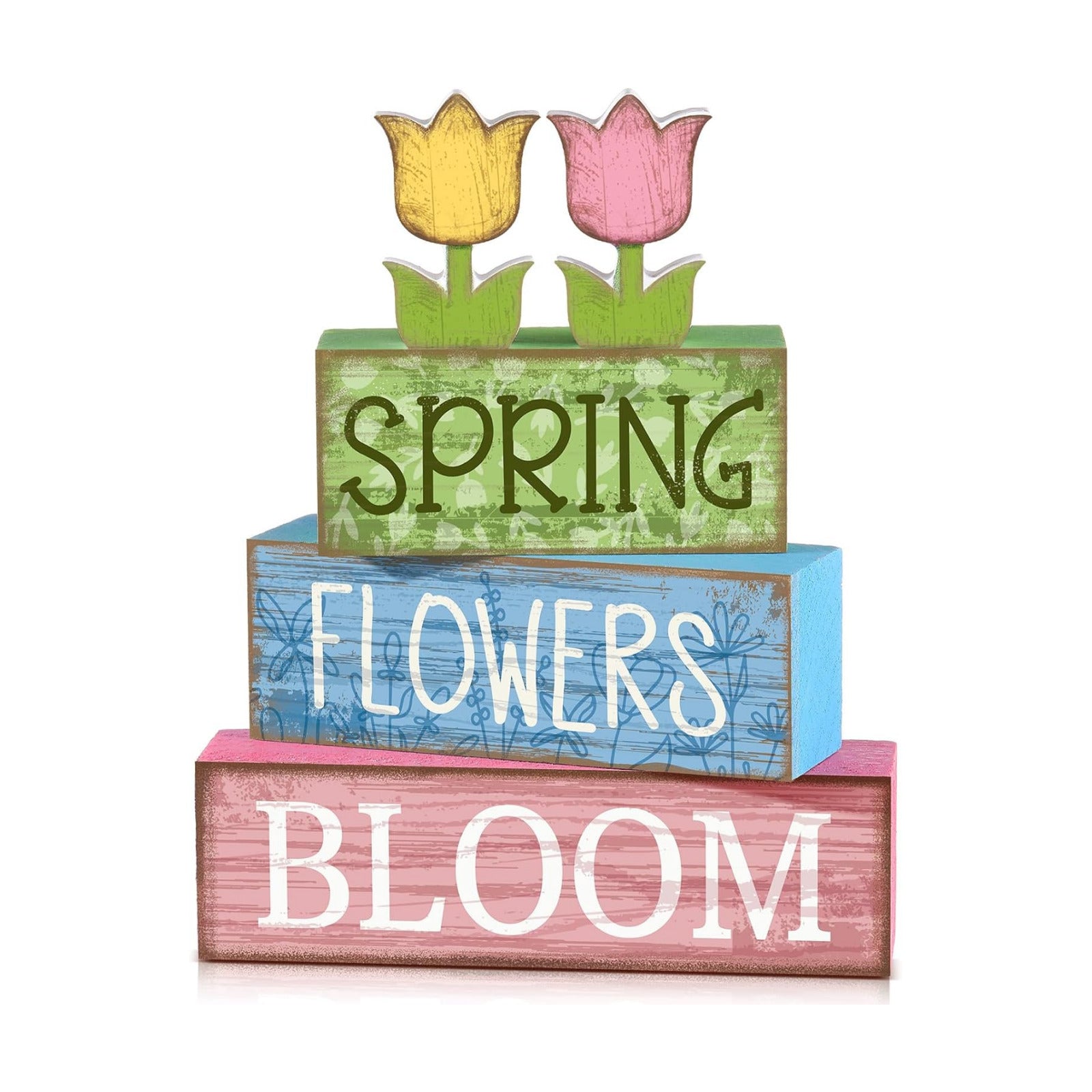 Moucuny 4 Pcs Spring Wooden Block Signs Farmhouse Table Tiered Tray Decor