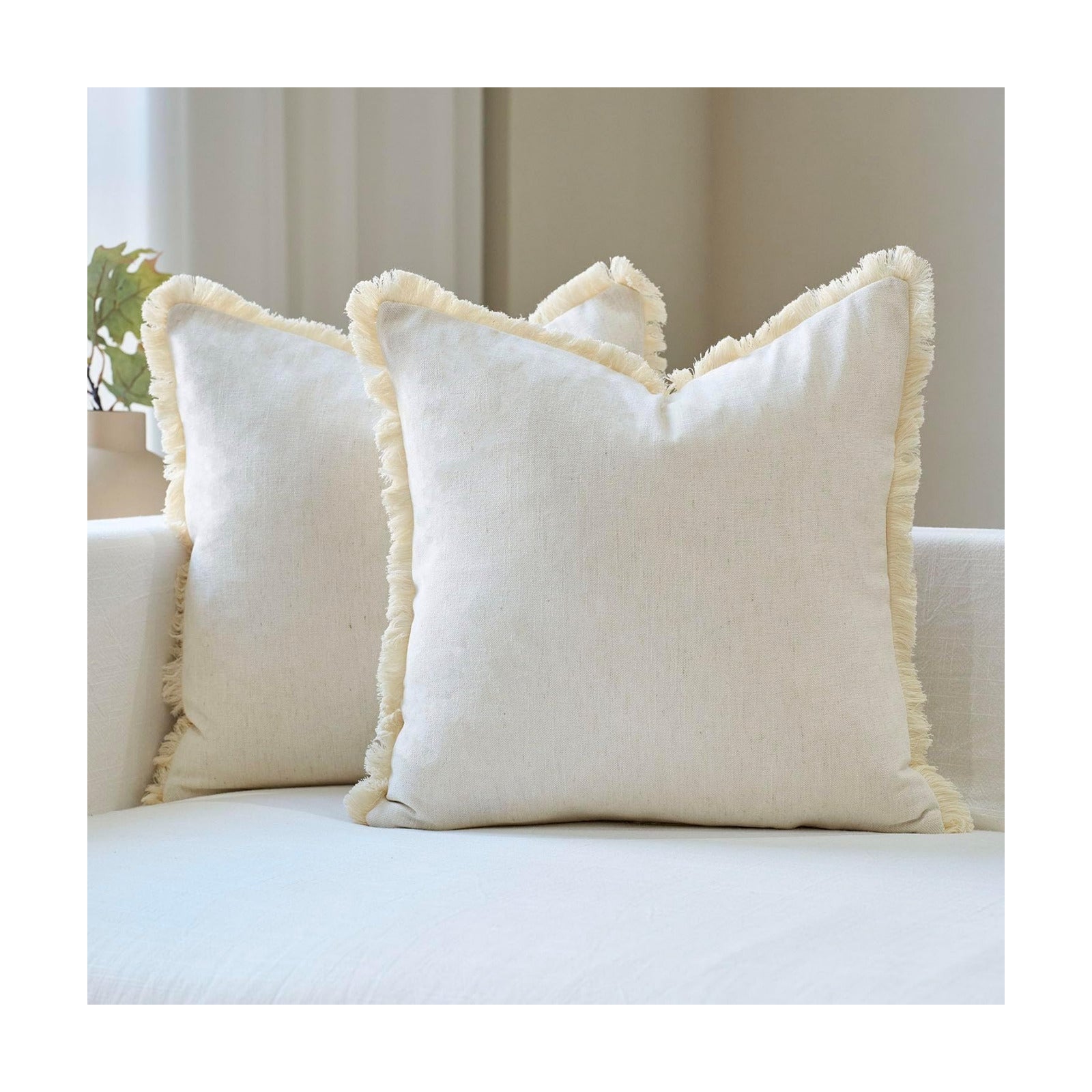 Fringe Throw Pillow Covers Boho Neutral Farmhouse Decorative / Cream White / 18 x 18 / Set of 2