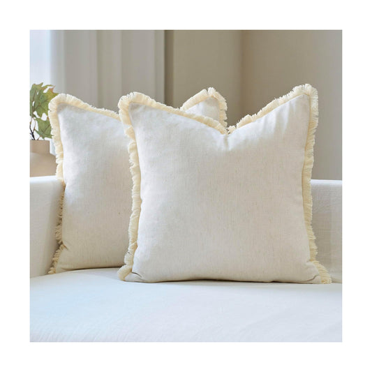 Fringe Throw Pillow Covers Boho Neutral Farmhouse Decorative / Cream White / 18 x 18 / Set of 2