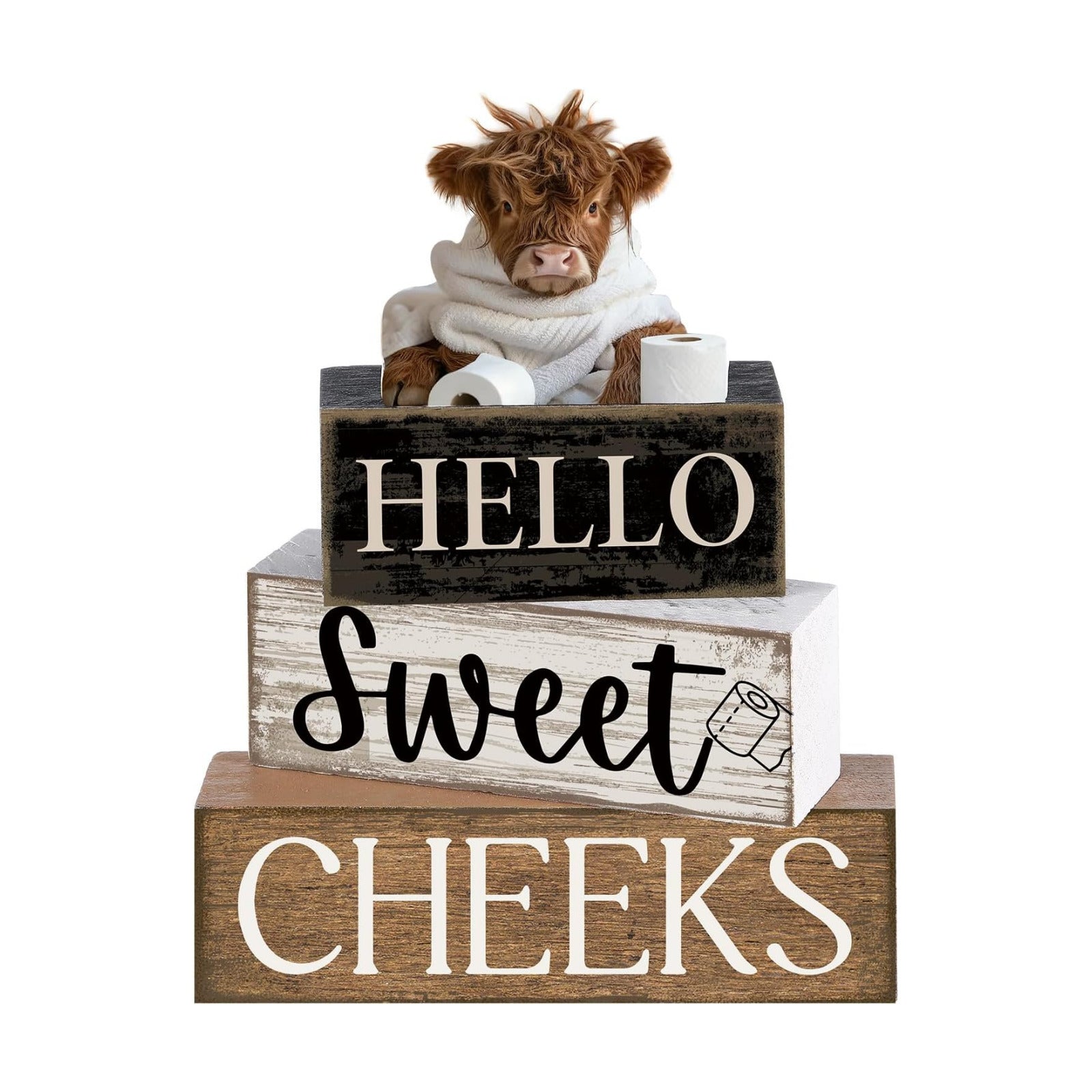 Moucuny 4 Pcs Highland Cow Bathroom Decor Wooden Signs, Farmhouse