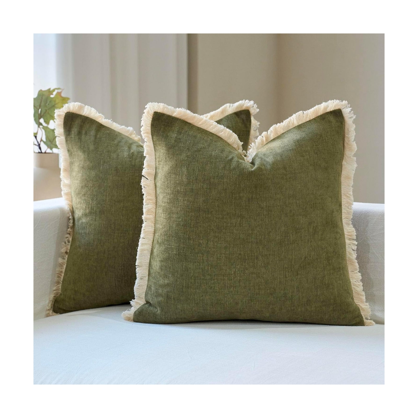 Fringe Throw Pillow Covers Boho Neutral Farmhouse Decorative / Olive Green / 18 x 18 / Set of 2