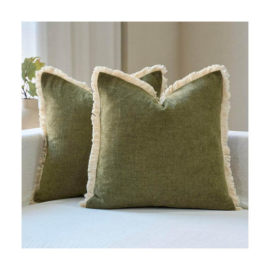 Fringe Throw Pillow Covers Boho Neutral Farmhouse Decorative / Olive Green / 18 x 18 / Set of 2