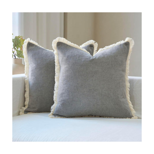 Fringe Throw Pillow Covers Boho Neutral Farmhouse Decorative / Light Grey / 18 x 18 / Set of 2