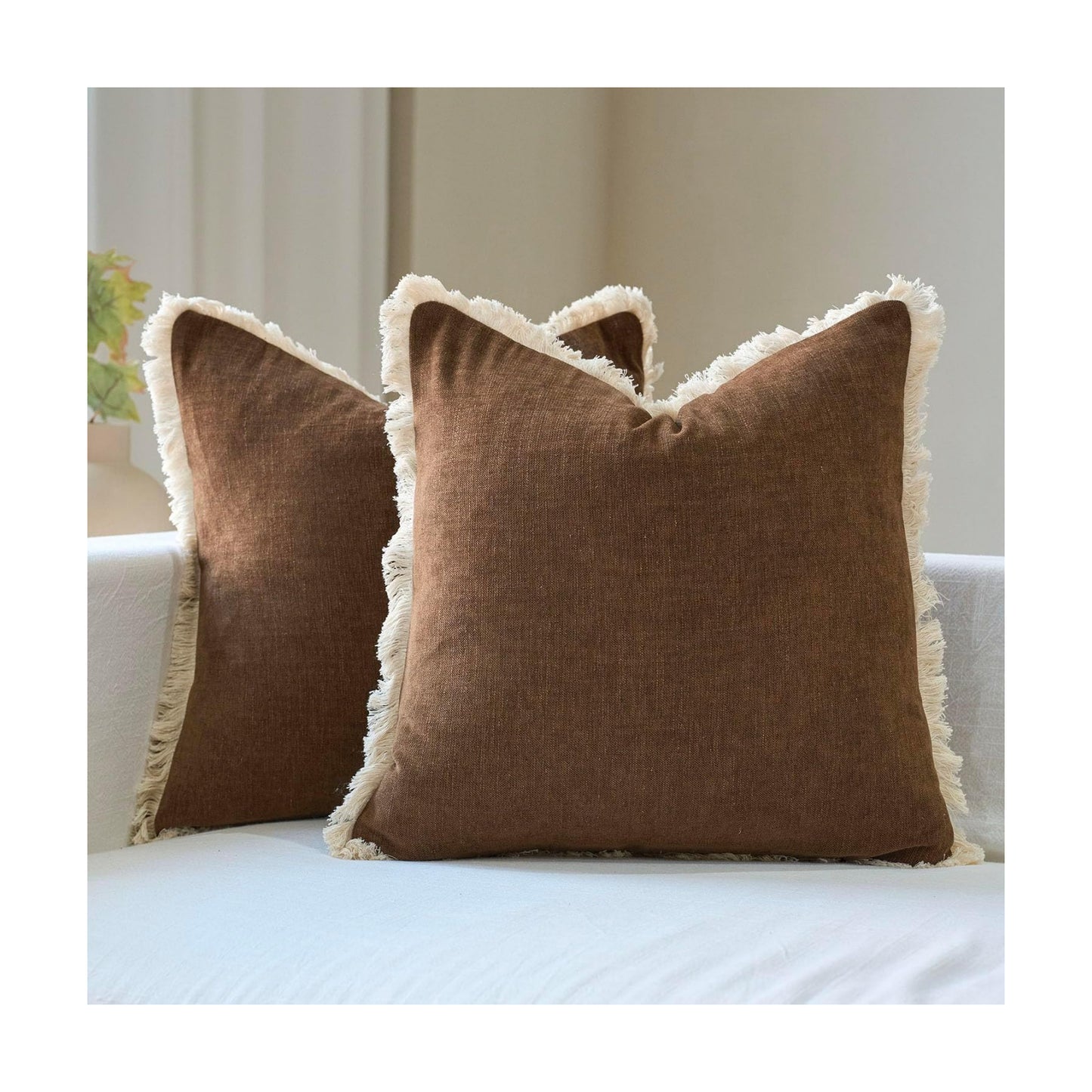 Fringe Throw Pillow Covers Boho Neutral Farmhouse Decorative Pillow / Brown / 18 x 18 / Set of 2