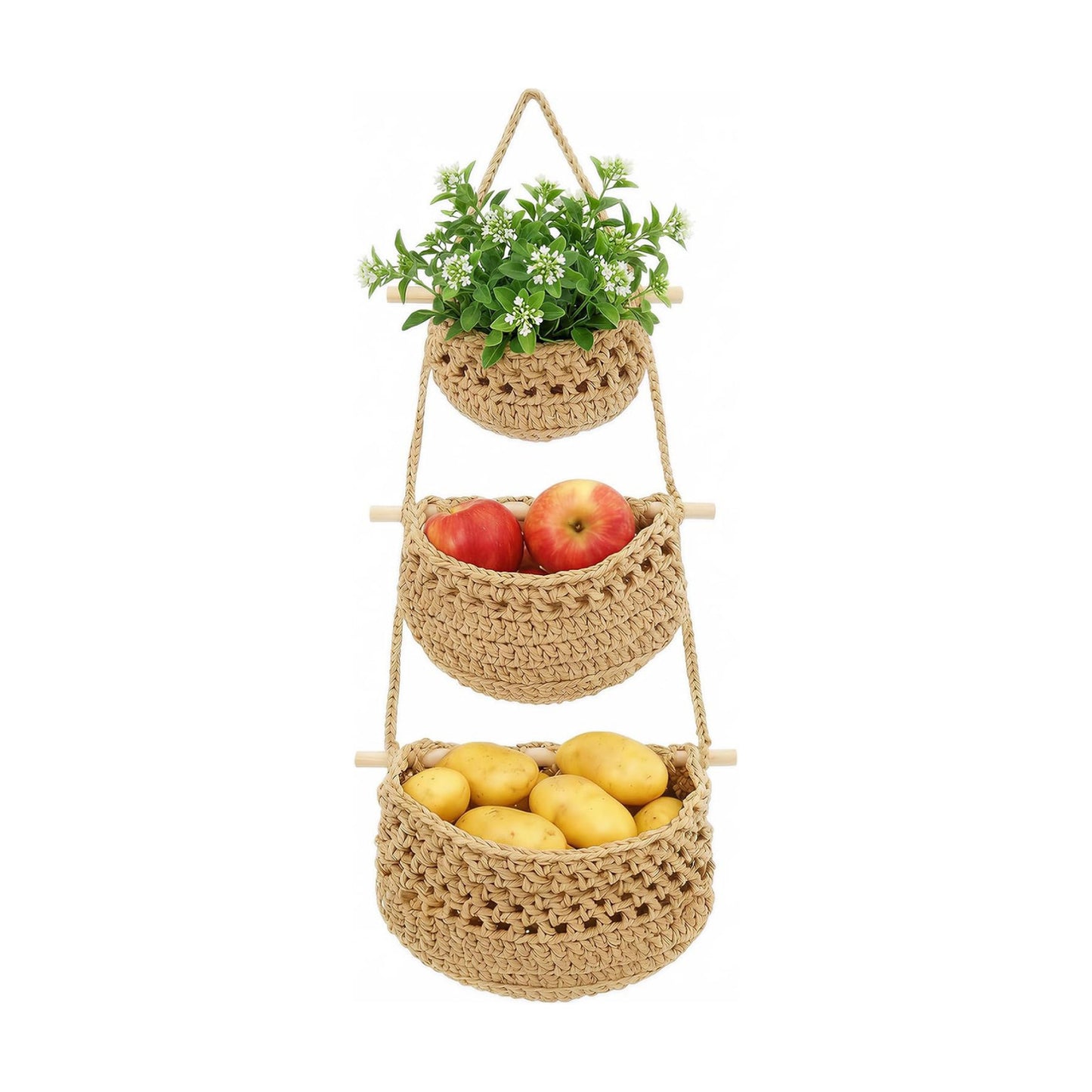 3 Tier Cotton Woven Wall Basket / Beige / 32 Inch