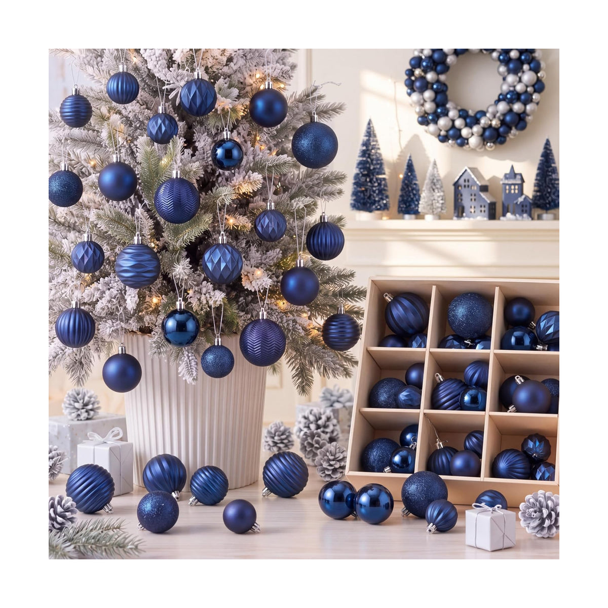 Lunmon 64 Pcs Navy Blue Christmas Ornaments Midnight Blue Xmas Tree Baubles