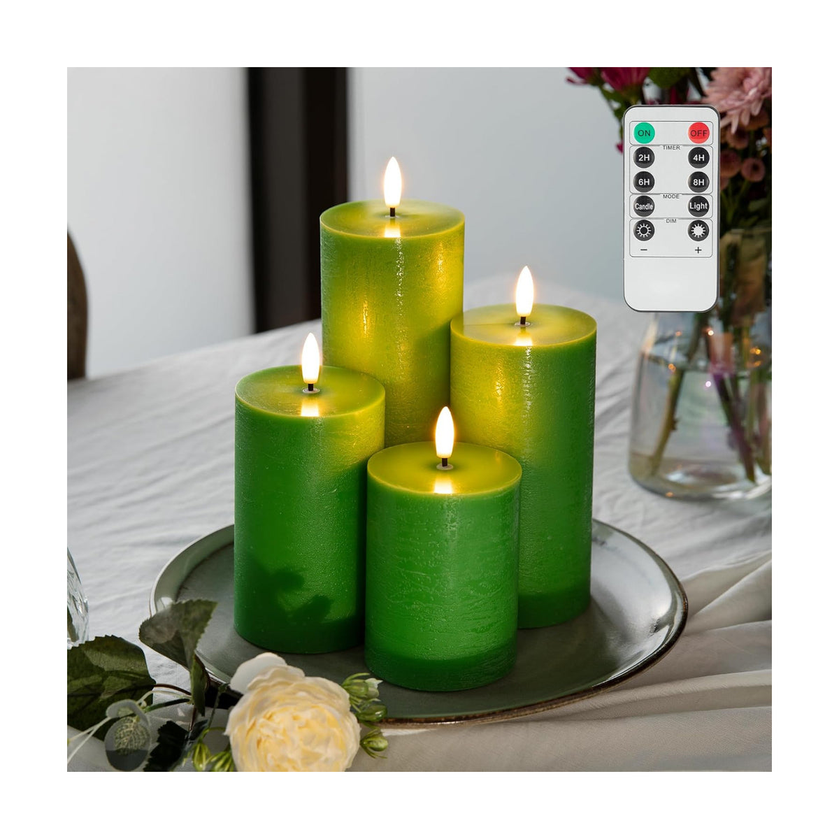 LUSHARBOR Green Flameless Candles, 4 Pack Battery Operated Candles for St. Patrick’s Day, Real Wax LED Fake Candles for