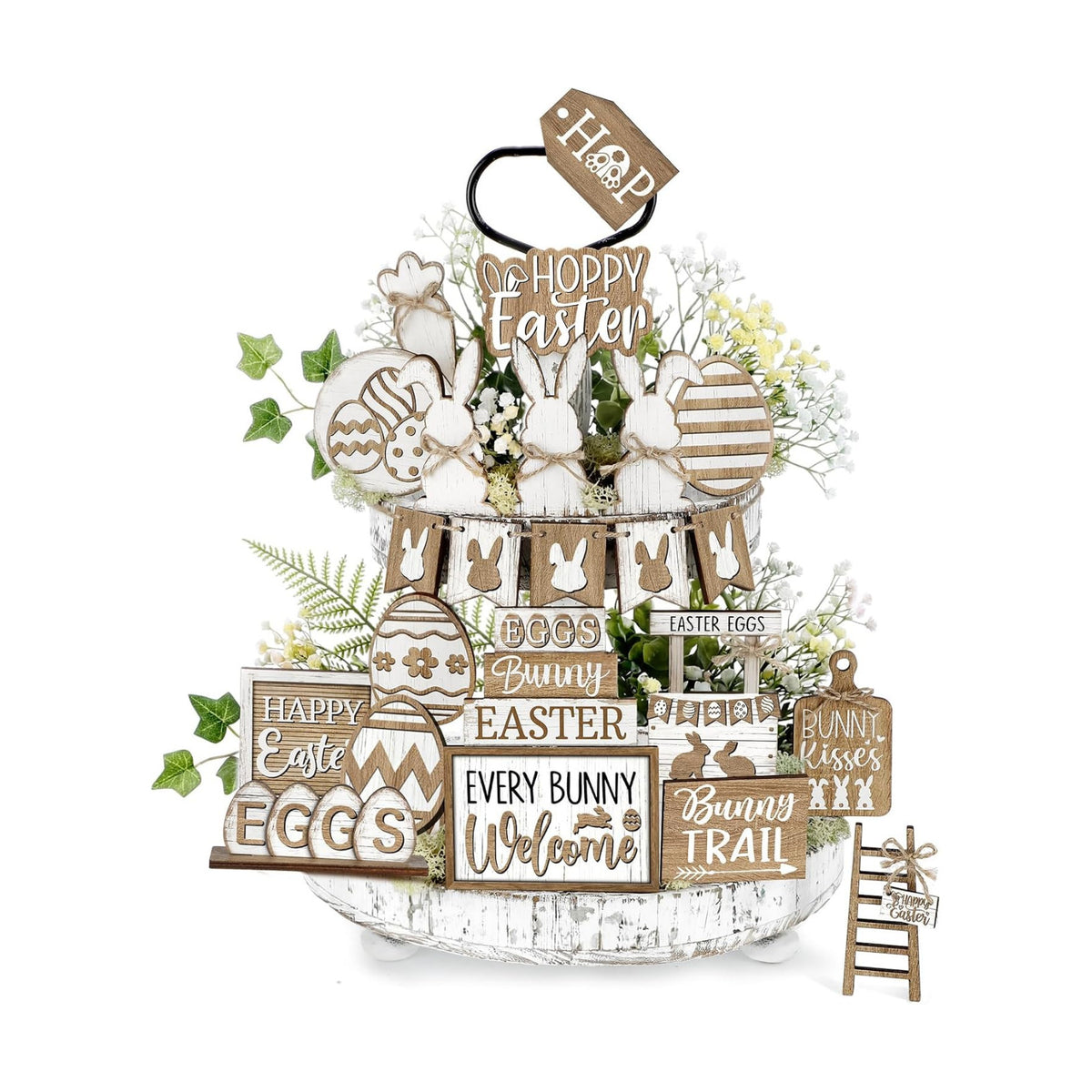 24 Pcs Easter Tiered Tray Decoration Set Easter Table Sign Farmhouse Bunny Eggs Rabbit Carrot Tabletop Centerpieces Spring Wood Blocks Signs for Spring Home Kitchen Office Holiday Party Supplies