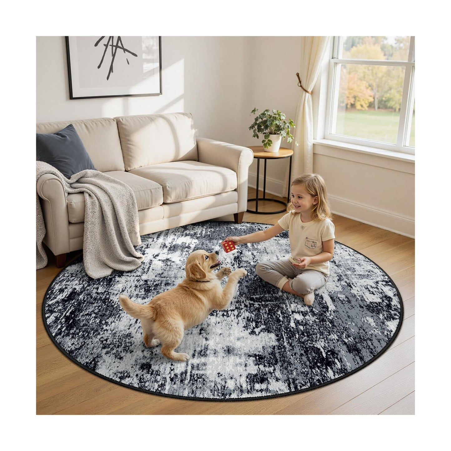 RELEANY Washable Round 8ft Area Rug for Living Room Black White