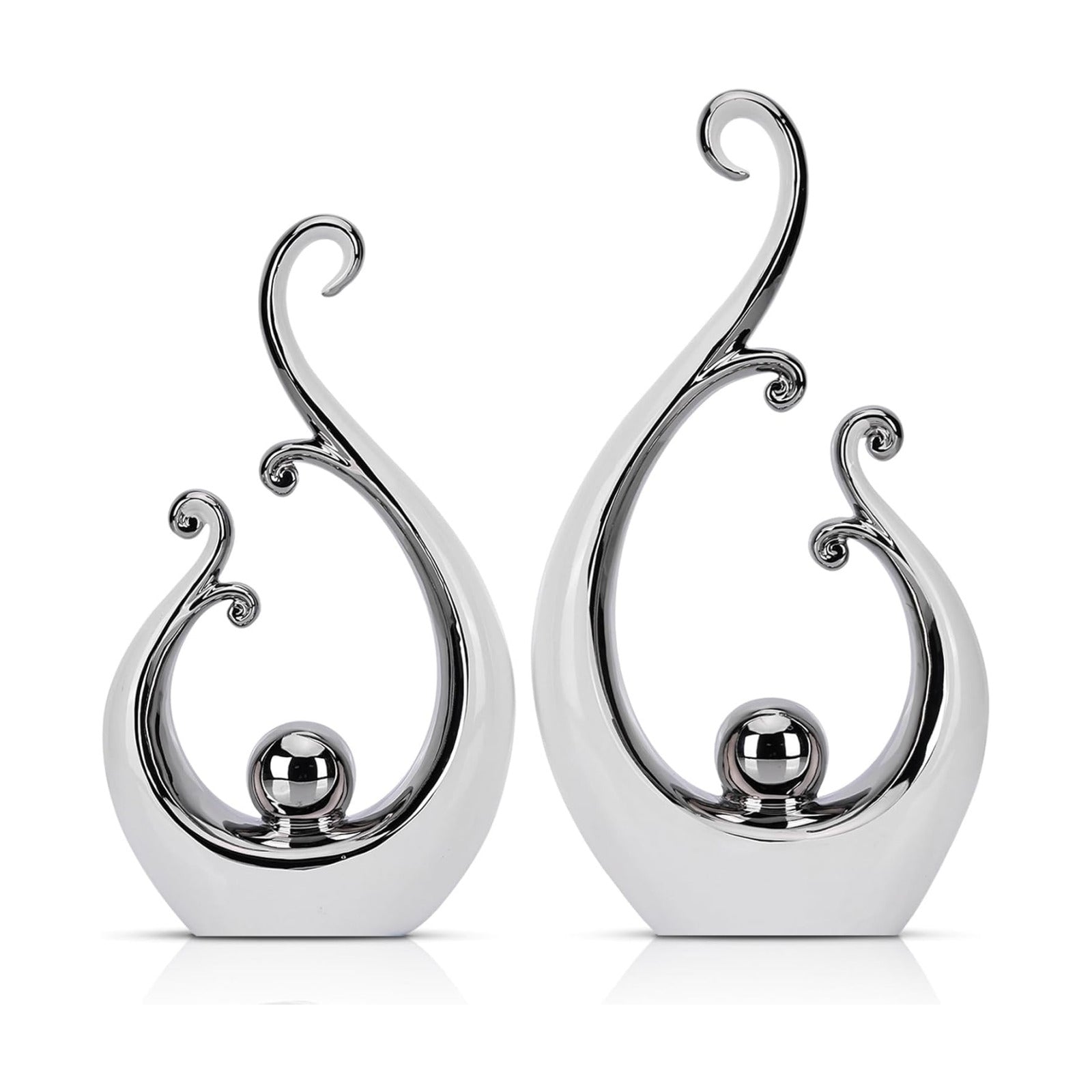 Glossy White and Silver Decor Ceramic Statue / White Silver / Small