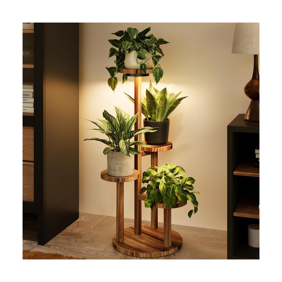 Bamworld Plant Stand Indoor with Grow Lights Plant Shelf 4 Tier Wood | plant holders for Multiple Plants Tall Corner